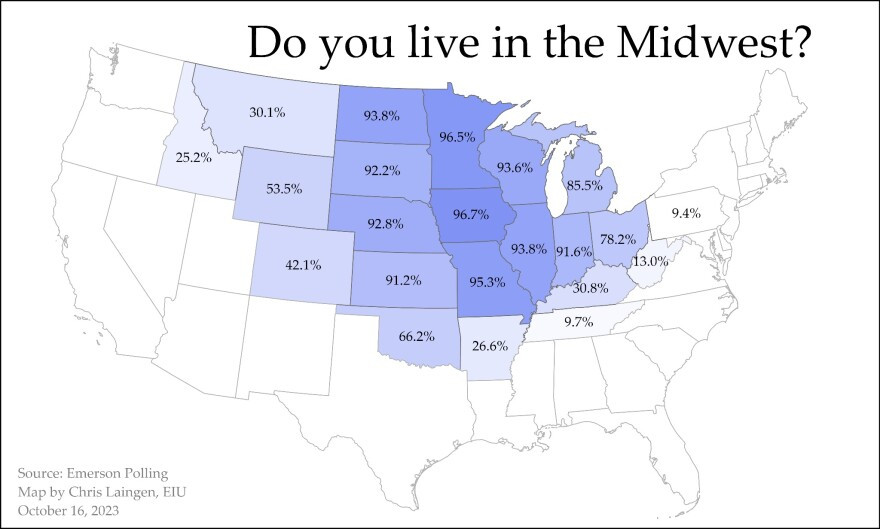 A map of how many survey respondents in each US state identify as "midwestern", with 90%+ results in the obvious ones but then some outliers like Pennsylvania and Tennessee with 9% each