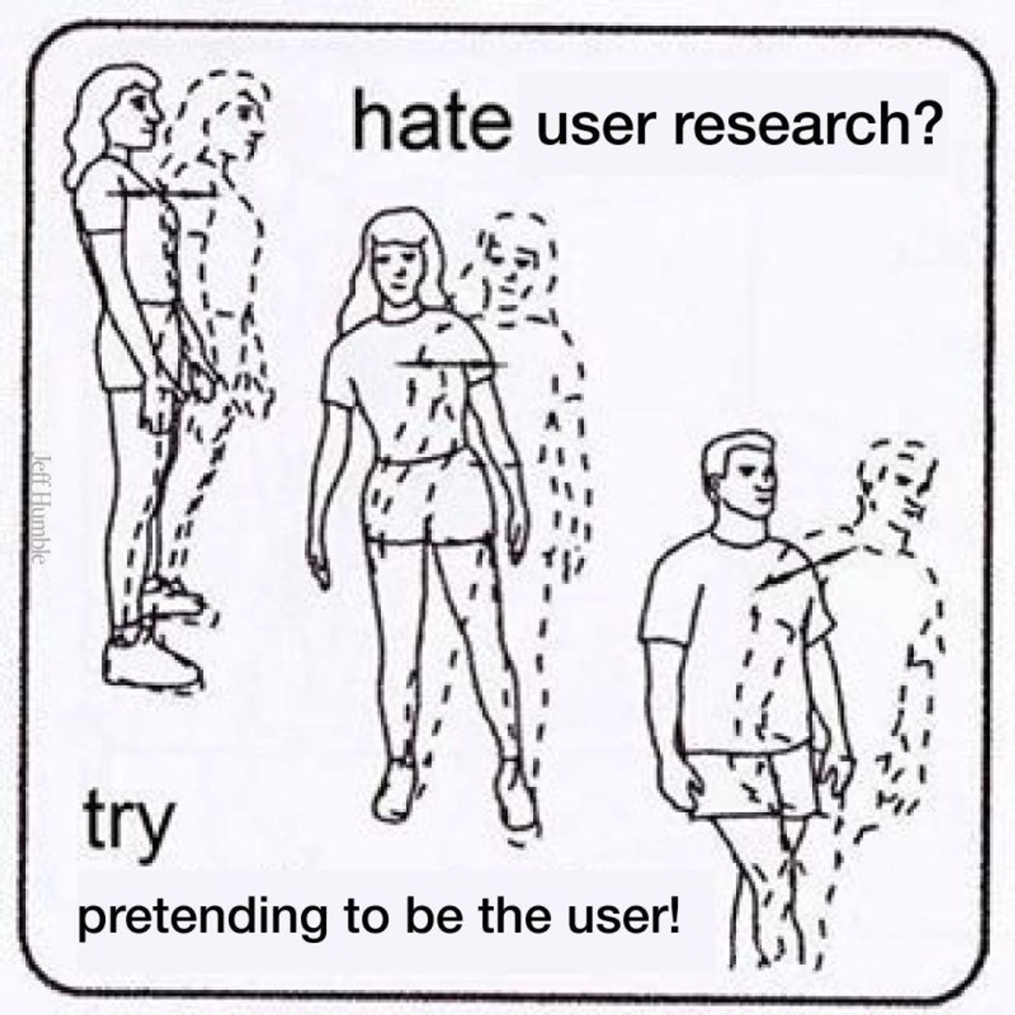 Hate user research? Try pretending to be the user! Silhouette drawings of 3 people