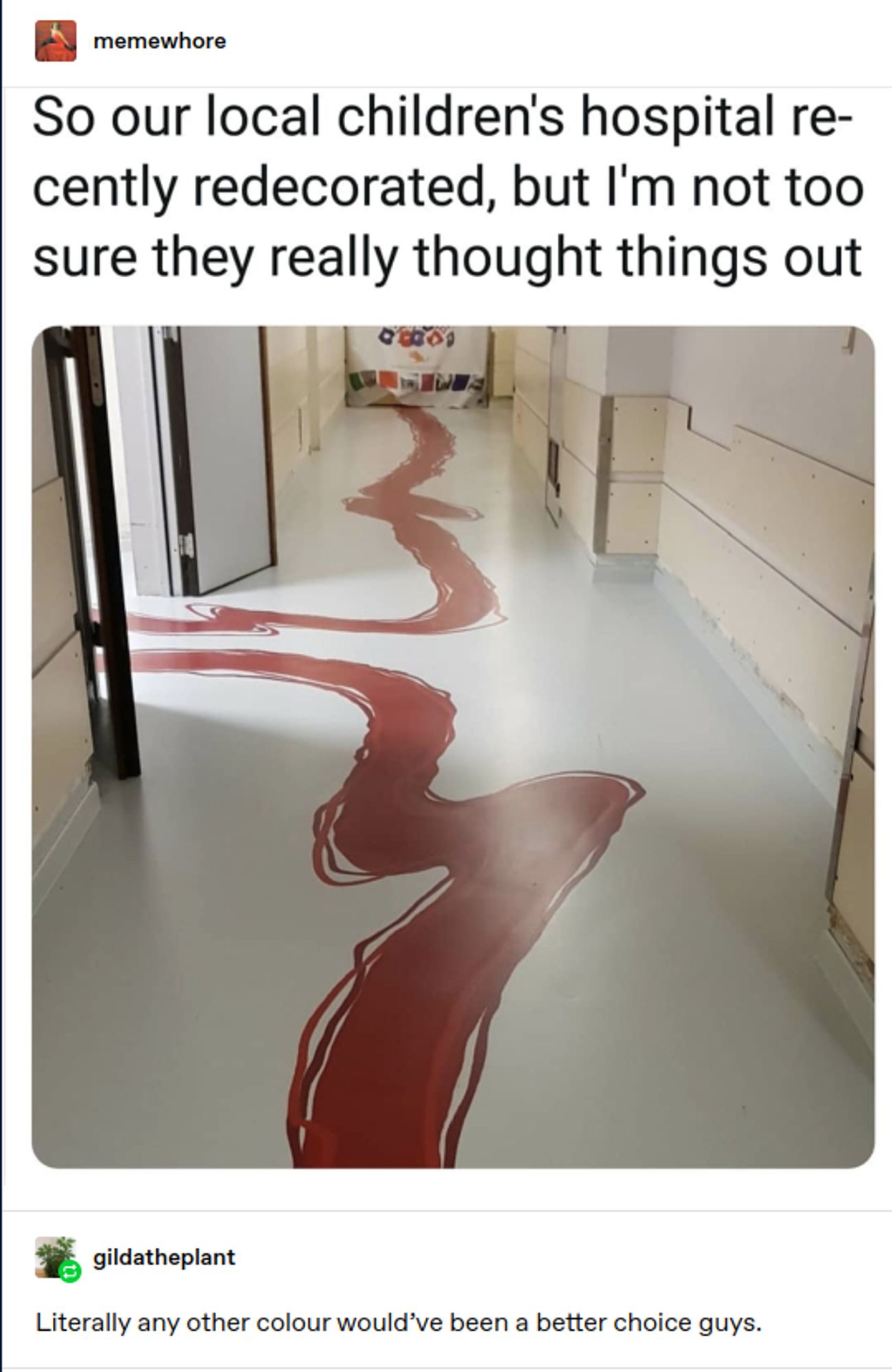 Hideous paint job at the children's hospital that looks like a smear of blood