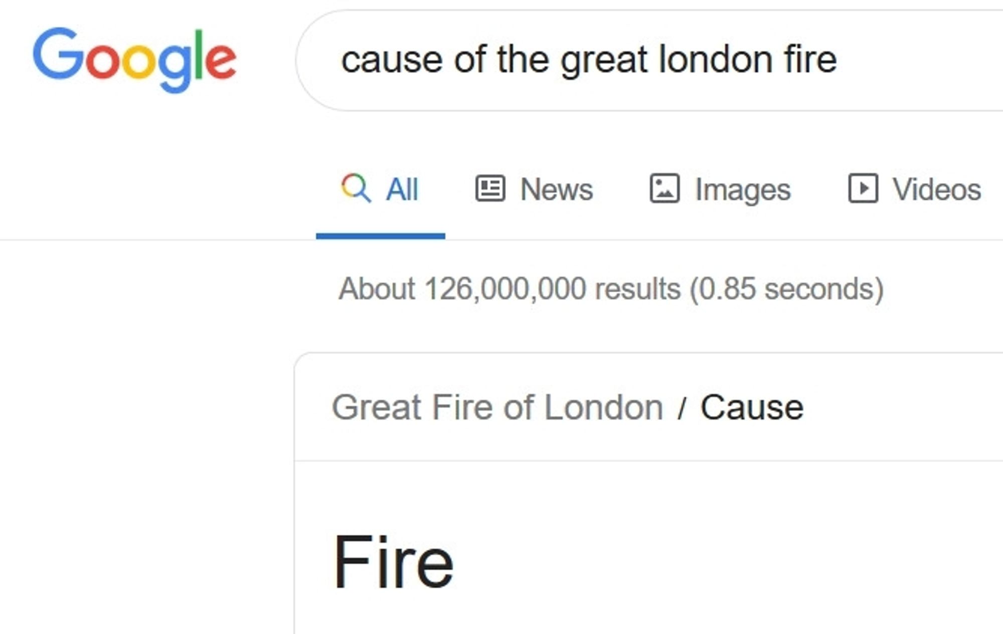 Google info box for cause of the great London fire

The answer is: fire