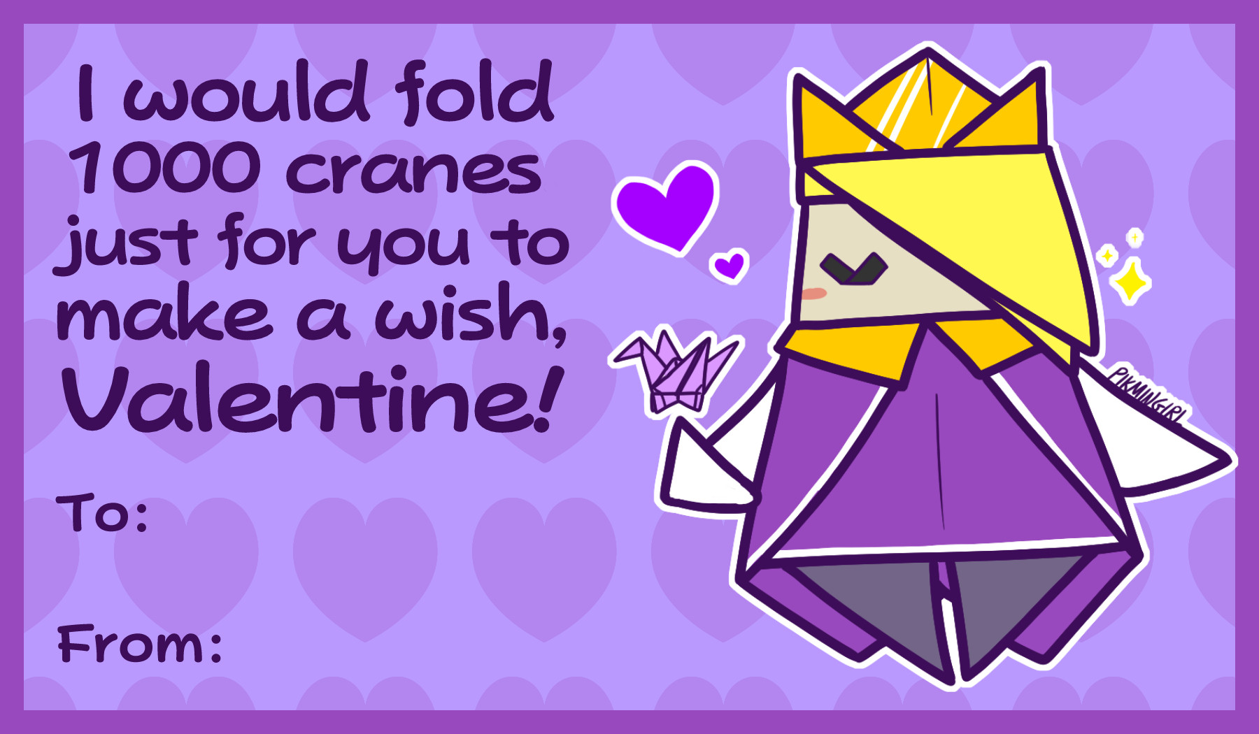 "I would fold 1000 cranes just for you to make a wish, Valentine!" King Olly holding a single origami crane with his eyes closed and a heart next to him. There's a legend that a person who folds 1000 origami cranes will have a wish come true.