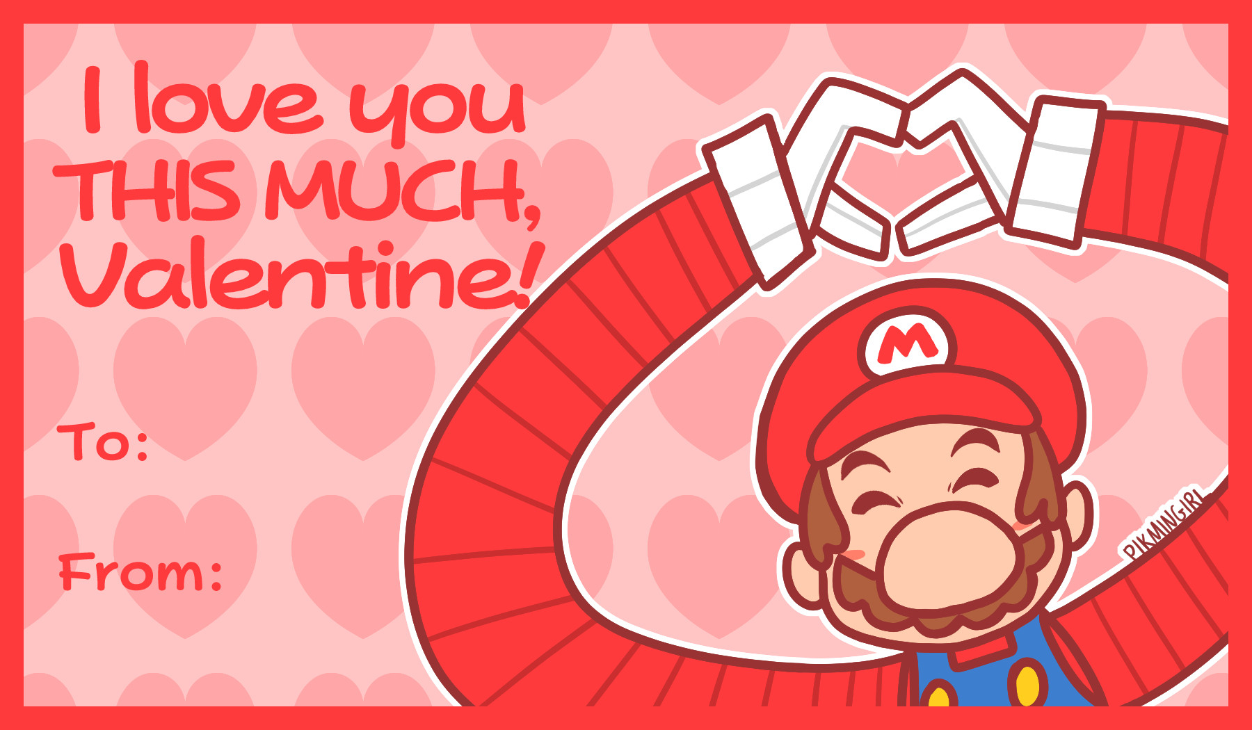 "I love you this much, Valentine!" Paper Mario with his 1,000 fold arms ability stretched out to make a heart above him with his hands.