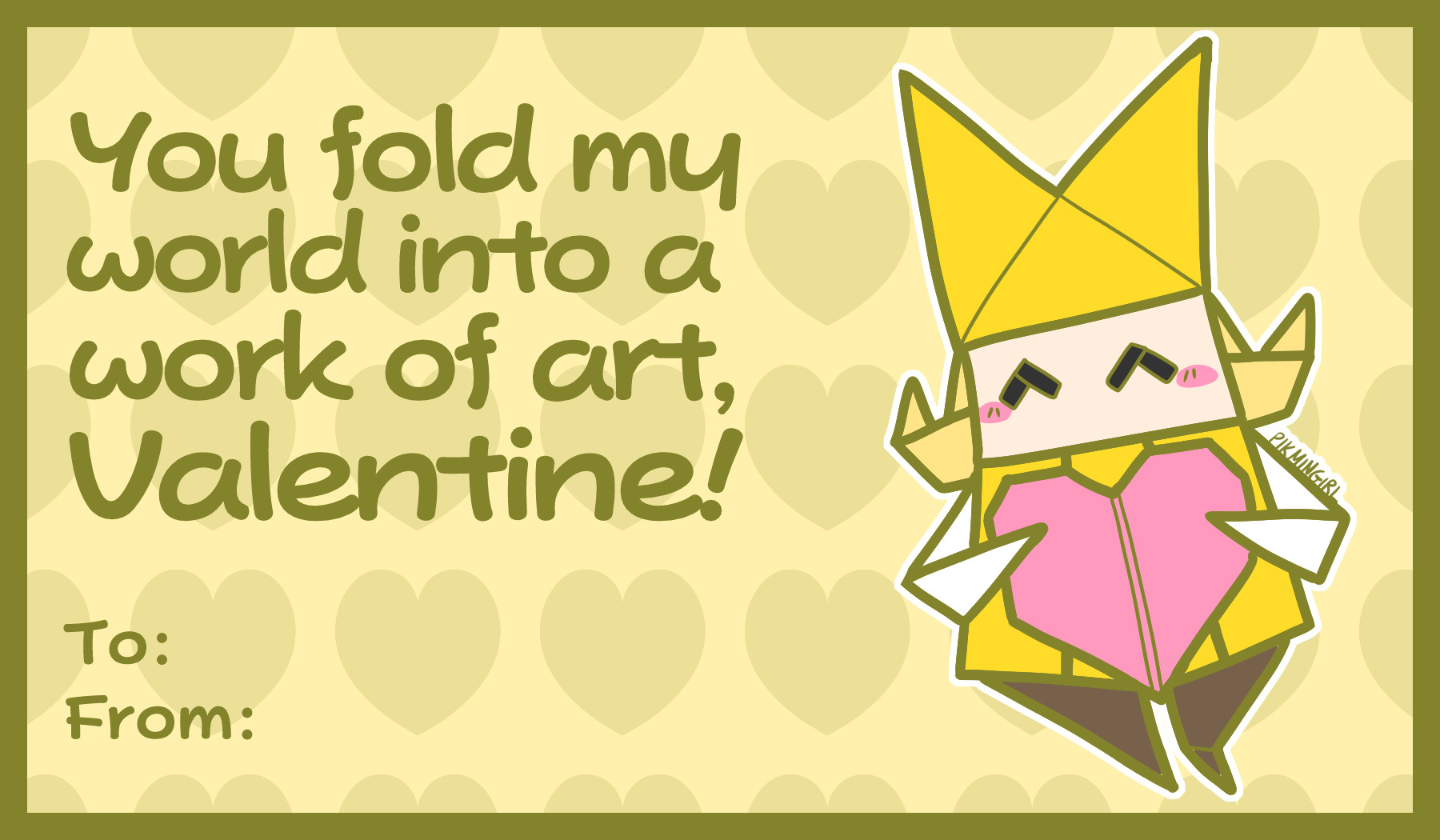 "You fold my world into a work of art, Valentine!" Olivia holding an origami heart while looking very happy.