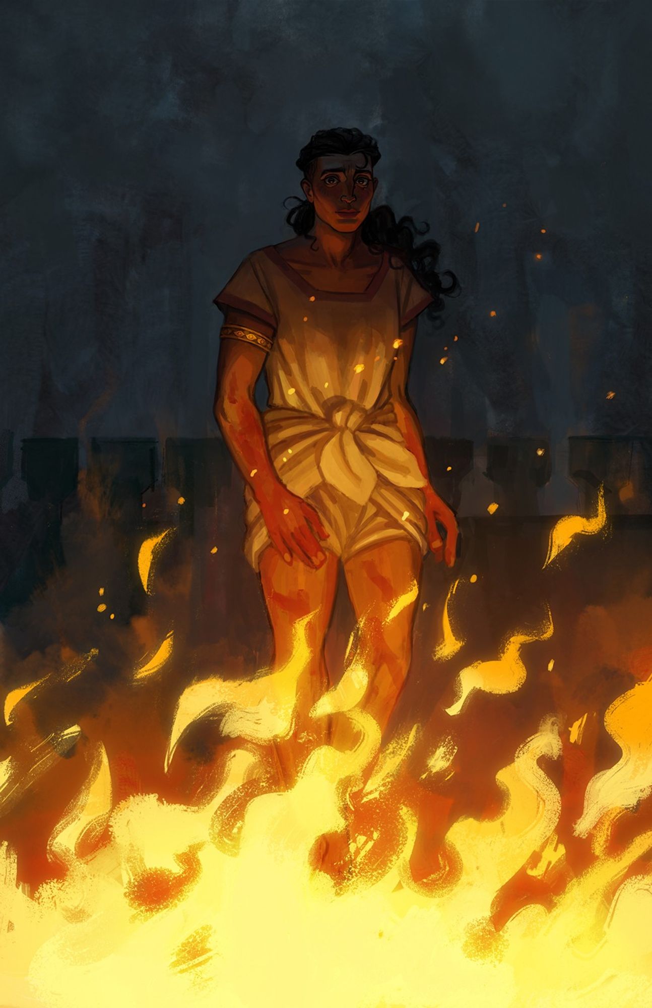 An illustration depicting a woman frozen in shock and horror. Her long, dark hair is bound in a ponytail, which blows gently in the wind. She wears a pale tunic, its hem folded around her thighs and tied at the waist. Her forearms and legs are covered in burns. Before her blazes a giant fire, embers dusting the air, lighting her from below.