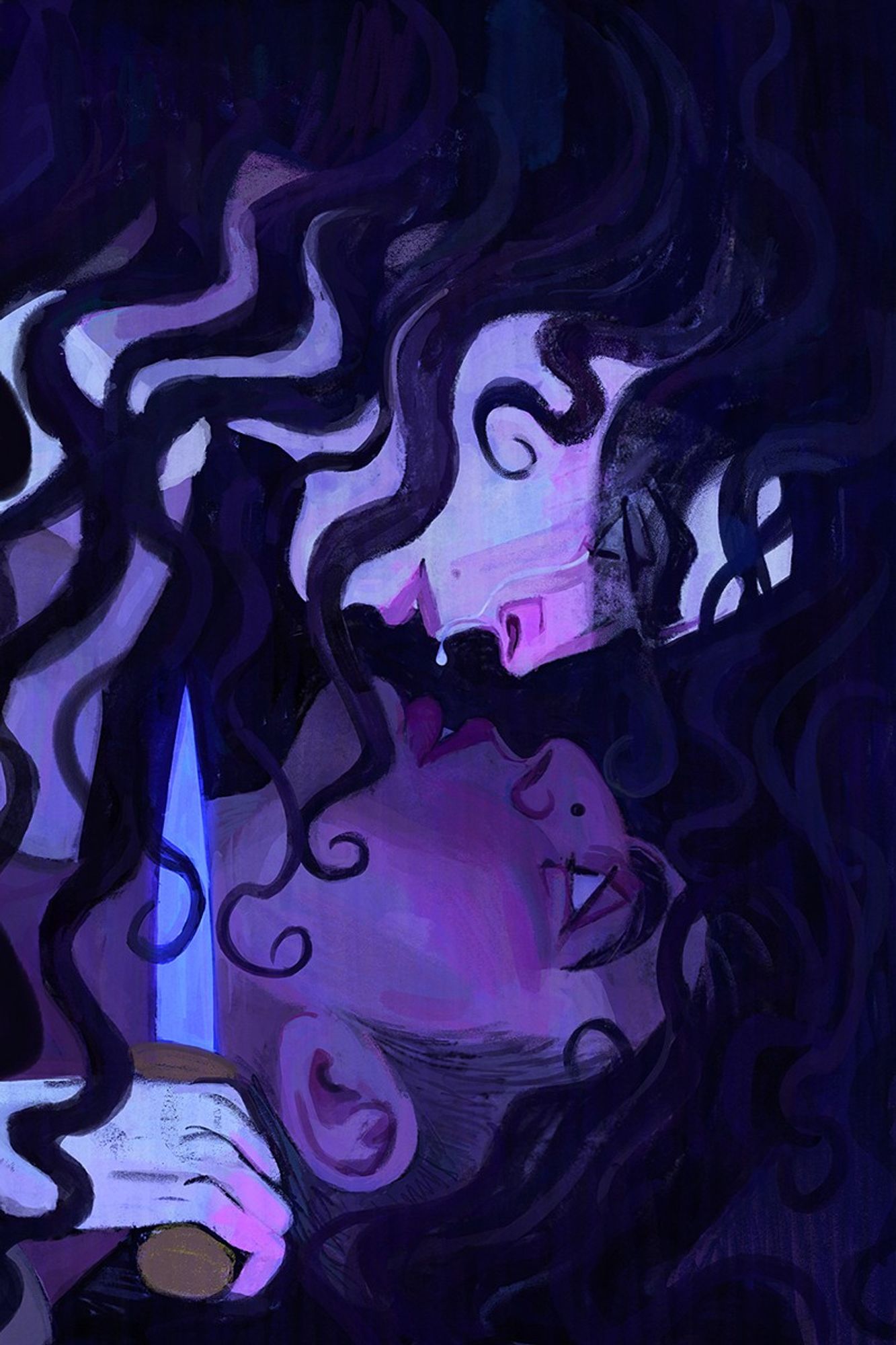 A close-up shot of two women in profile view. One woman pins the other to the floor, holding a knife to her throat. Her dark, curly hair flows from the top of the frame to the bottom, spilling over the other woman's face. She looks down at her, wide-eyed, a tear rolling down her cheek, dripping from her upper lip. The other woman looks up at her in shock, her dark hair pooling beneath her head.