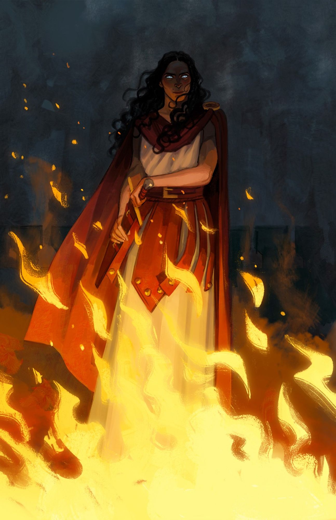 An illustration depicting a woman in a long, white gown, reaching to unsheathe the sword at her hip. Her long, curly, dark hair and red cape blow gently in the wind. Before her blazes a giant fire, embers dusting the air, lighting her from below. Her eyes glow faintly in the dark of night.