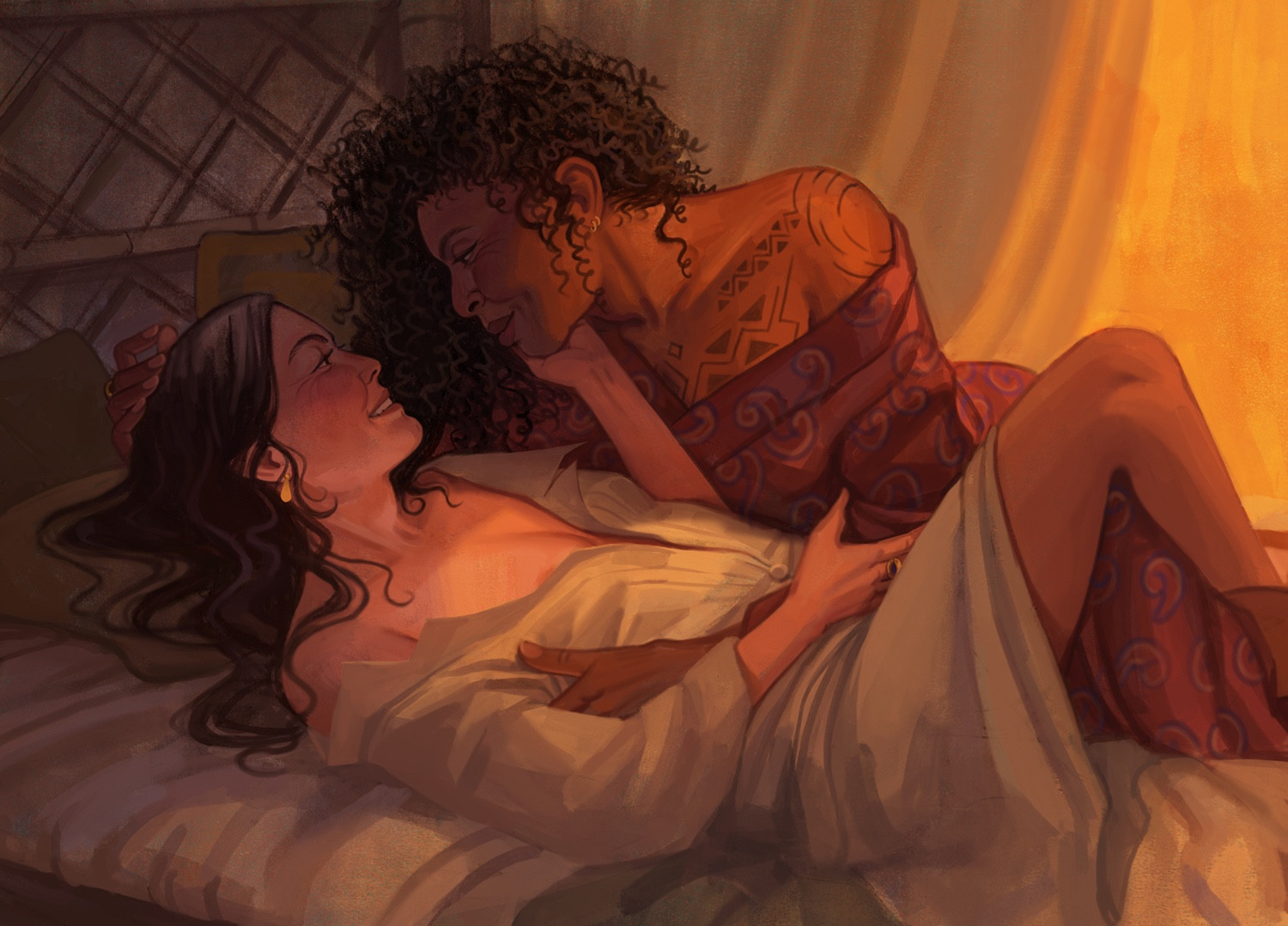 Moiraine and Siuan from the Wheel of Time series lie in bed within a fishing hut, curtain half-drawn behind them, letting in a soft sliver of golden sunlight. Moiraine is on her back, dark hair spilled across her pillow and shoulders, her long, white sleeping shirt parted over her chest. Siuan rests to her side, leaning over her in a cascade of curls, her red, paisley robe slipping from her tattooed shoulder. They are smiling fondly at each other. Moiraine cradles Siuan's jaw in one hand and clutches Siuan's arm with the other, which lies across her middle, holding her side. Siuan's other hand rests atop Moiraine's head. Moiraine has one bare calf hooked around the back of Siuan's knee.