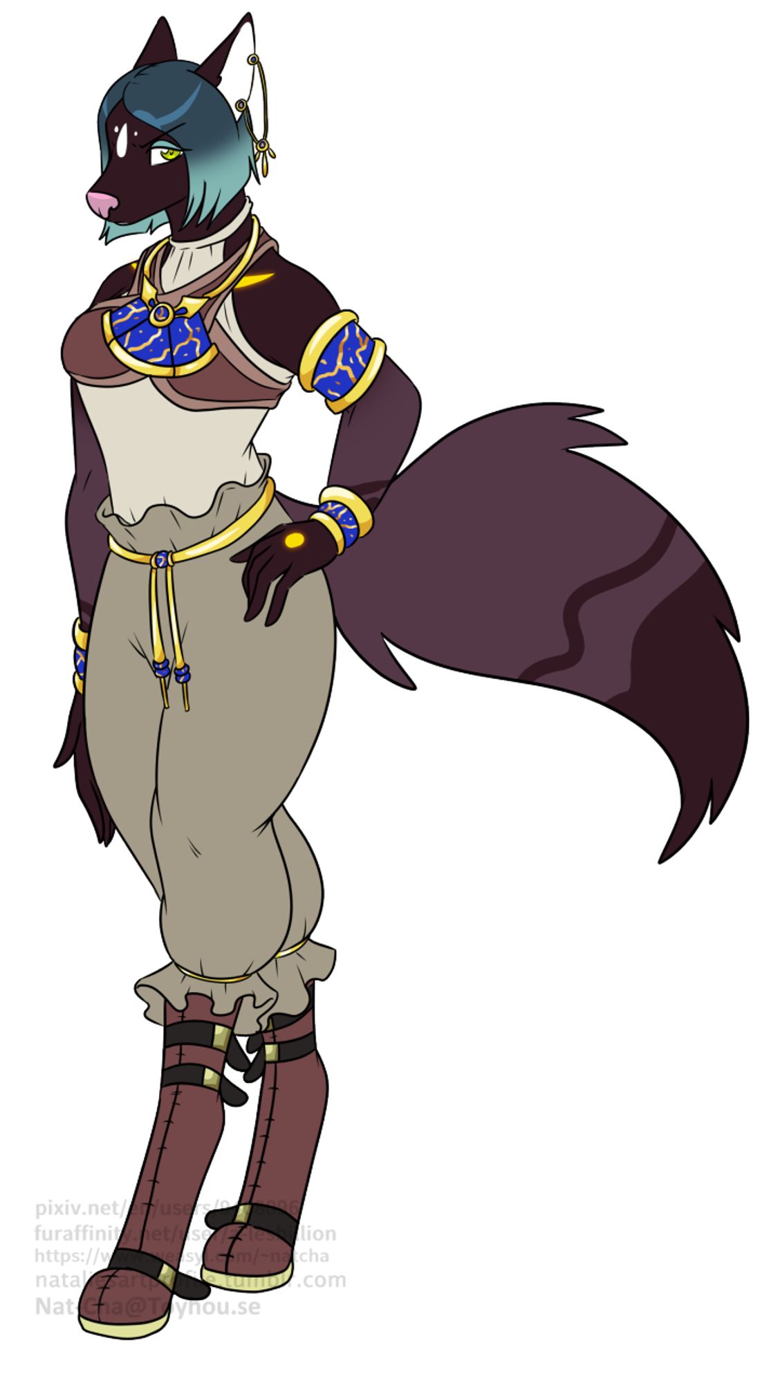 A fullbodied, flat-colored character drawing of an anthropomorphic jackal-woman, she is wearing simple-looking travel clothing with ostentatious gold & lapis jewelry all over her body, she has an annoyed expression on her face