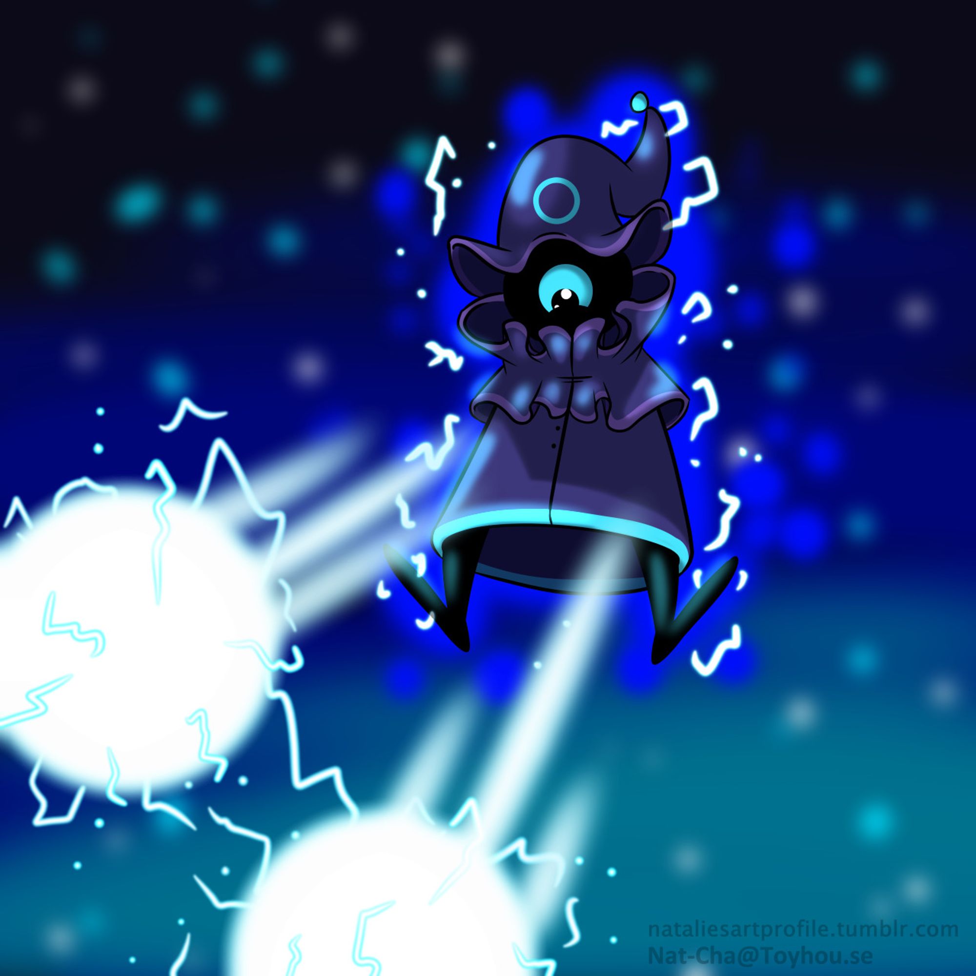 A fully rendered illustration of a monocyclopian entity in blue, frilly wizard attire, it is playfully floating in the air while launching a pair of spherical, magical lightning from itself toward an unseen target