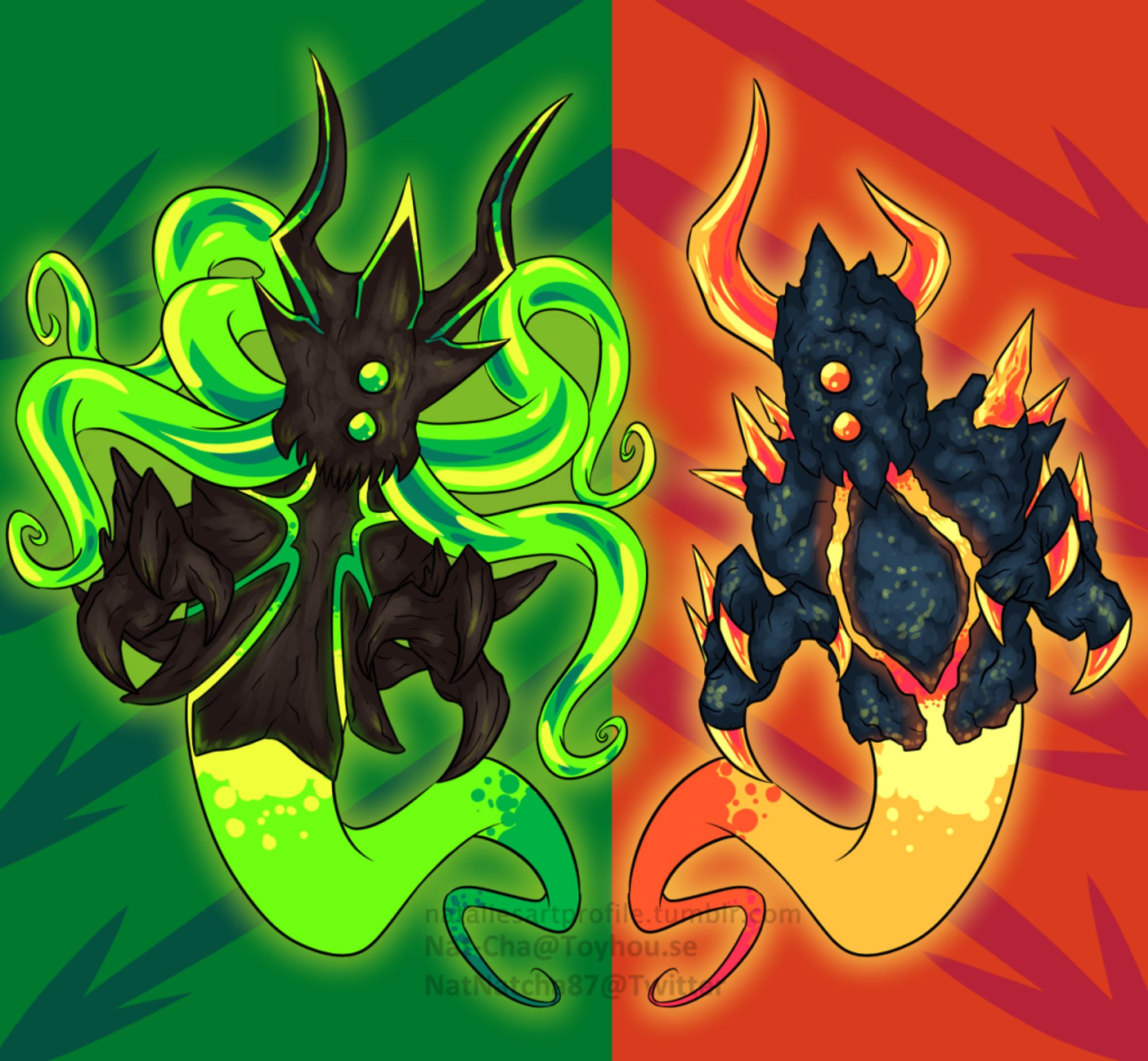 A fully rendered illustration of two figures, one made of wood and the other made of volcanic rock, they both have horns and are sporting transparent appendages corresponding to their elemental colors; green for the wooden entity and orange for the stone entity, they are reaching out a pair of disembodied, clawed hands in front of a backdrop corresponding to their color palettes