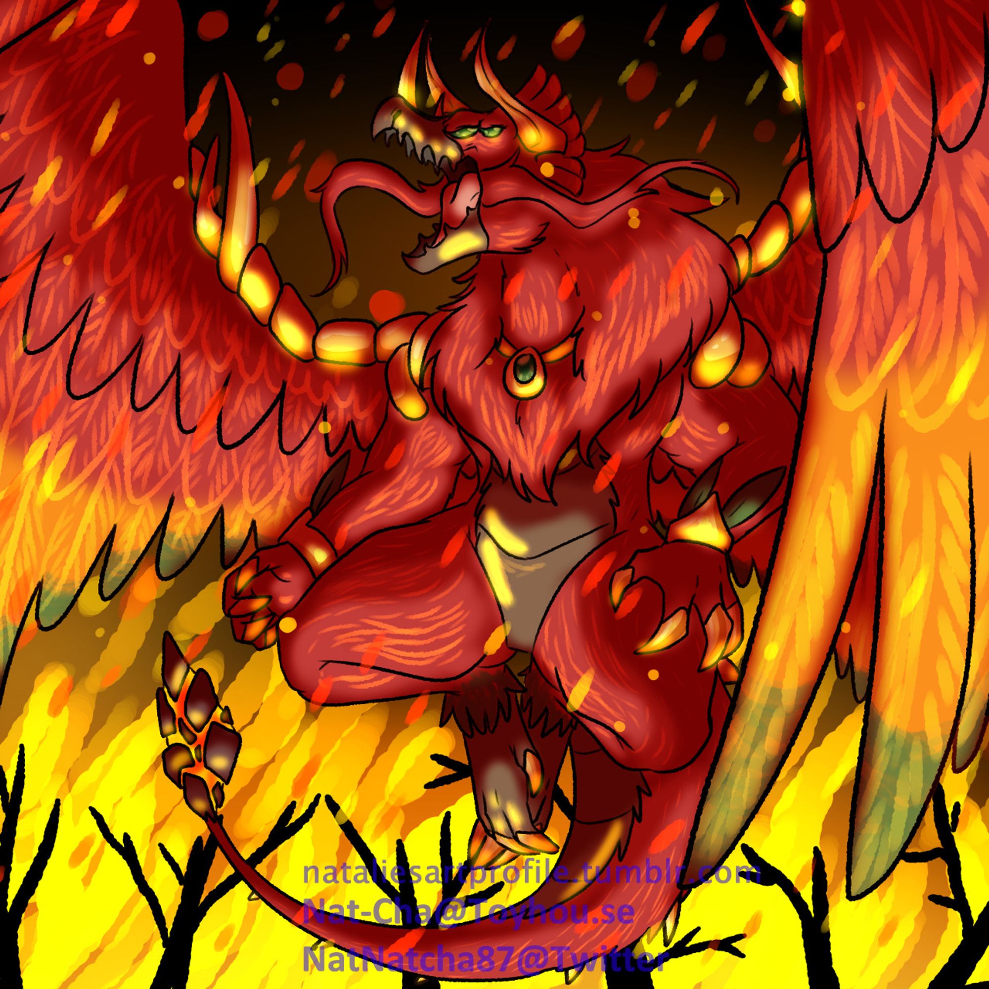 A fully rendered illustration of a large, red-plumed, anthropomorphic bird-like dragon, he is wearing gold jewelry and is roaring while flying aloft amidst a backdrop of a forest or jungle set ablaze