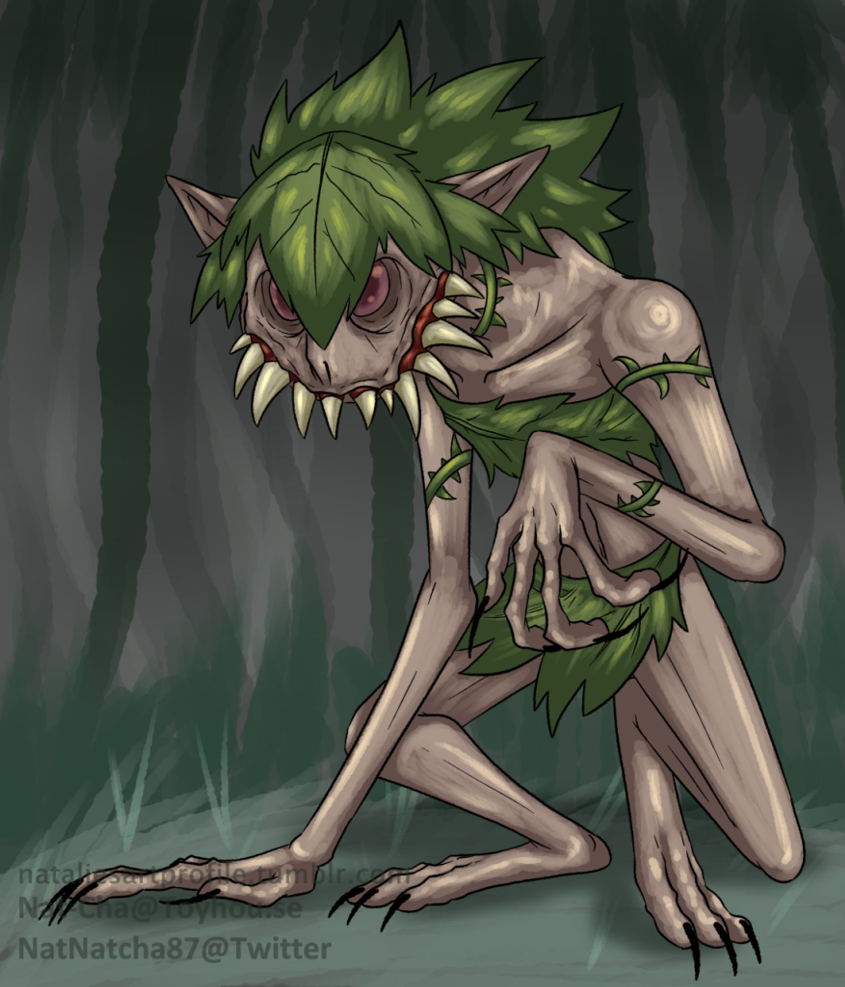 A fully rendered illustration of the dryad from terraria, she is emaciated with sharp teeth jutting out in various directions and has sunken eyes, she is hunched with clawed hands and feet