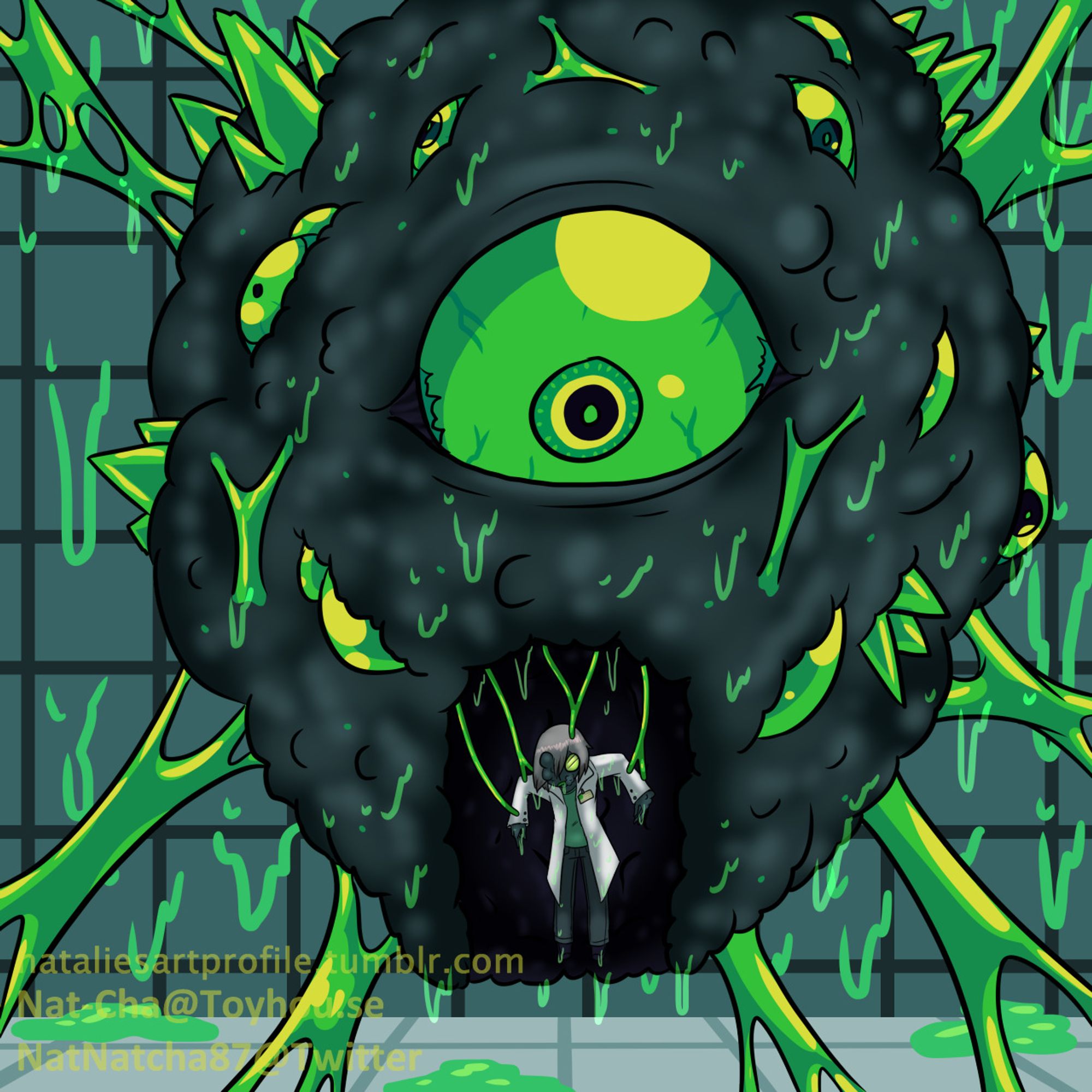 A flat-colored illustration of a pulsing mass of grey flesh and warts with several green pustules, crystals and eyeballs growing from it, it is suspended by similarly colored green sinew and within the middle of its body is a large, central green eyeball with a similarly mutated humanoid corpse wearing a labcoat attached into the mass of warts by more sinew