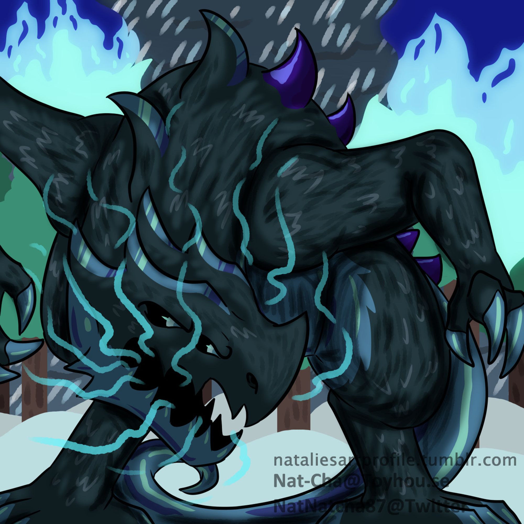 A fully rendered illustration of a black dragon with a wyvern-like body hunched low, it has a jagged, open mouth and four eyes, it is roaring with a blizzard raging behind it