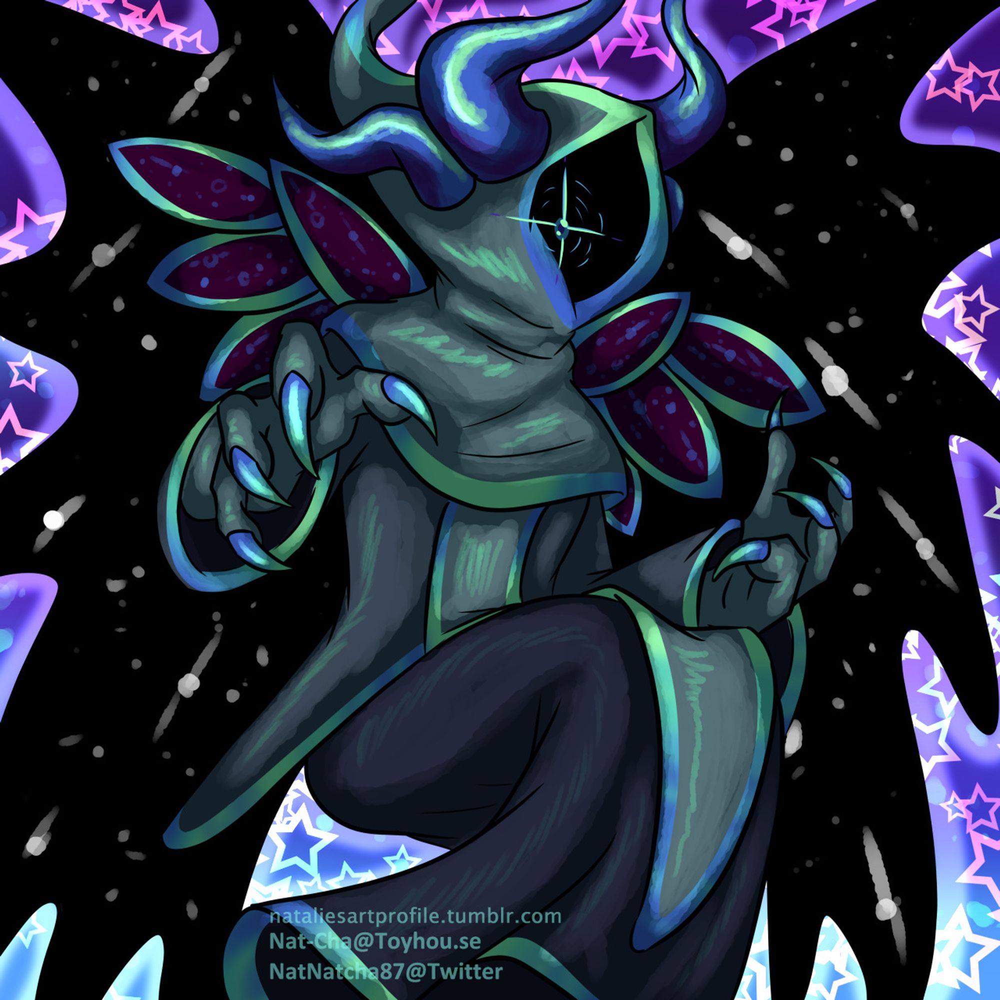 A fully-rendered illustration of a robed figure reaching out one clawed, monsterous hand while gazing with one visible eye from the hood of his robes, he is sporting a pair of horns and black, galactic wings while stars rain from the sky all around him