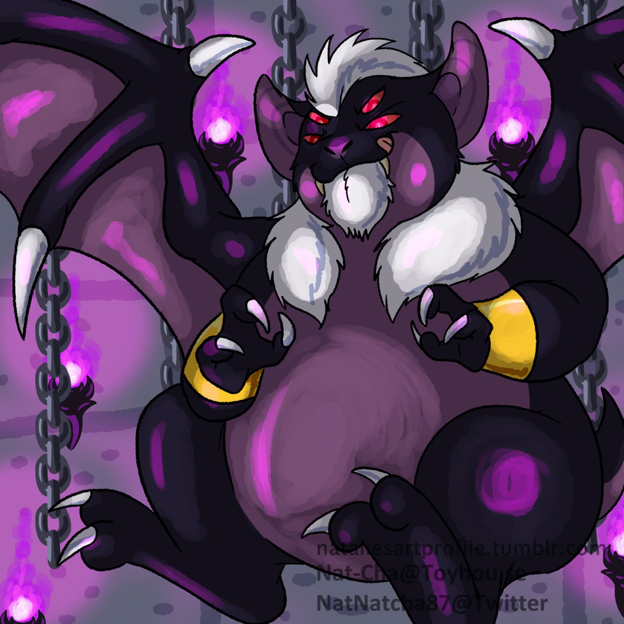 A fully rendered illustration of a very fat bat, he is grinning and licking his lips while flying against a backdrop that depicts a dark and eerie dungeon chamber with purple torches that are casting a similarly colored glow upon him