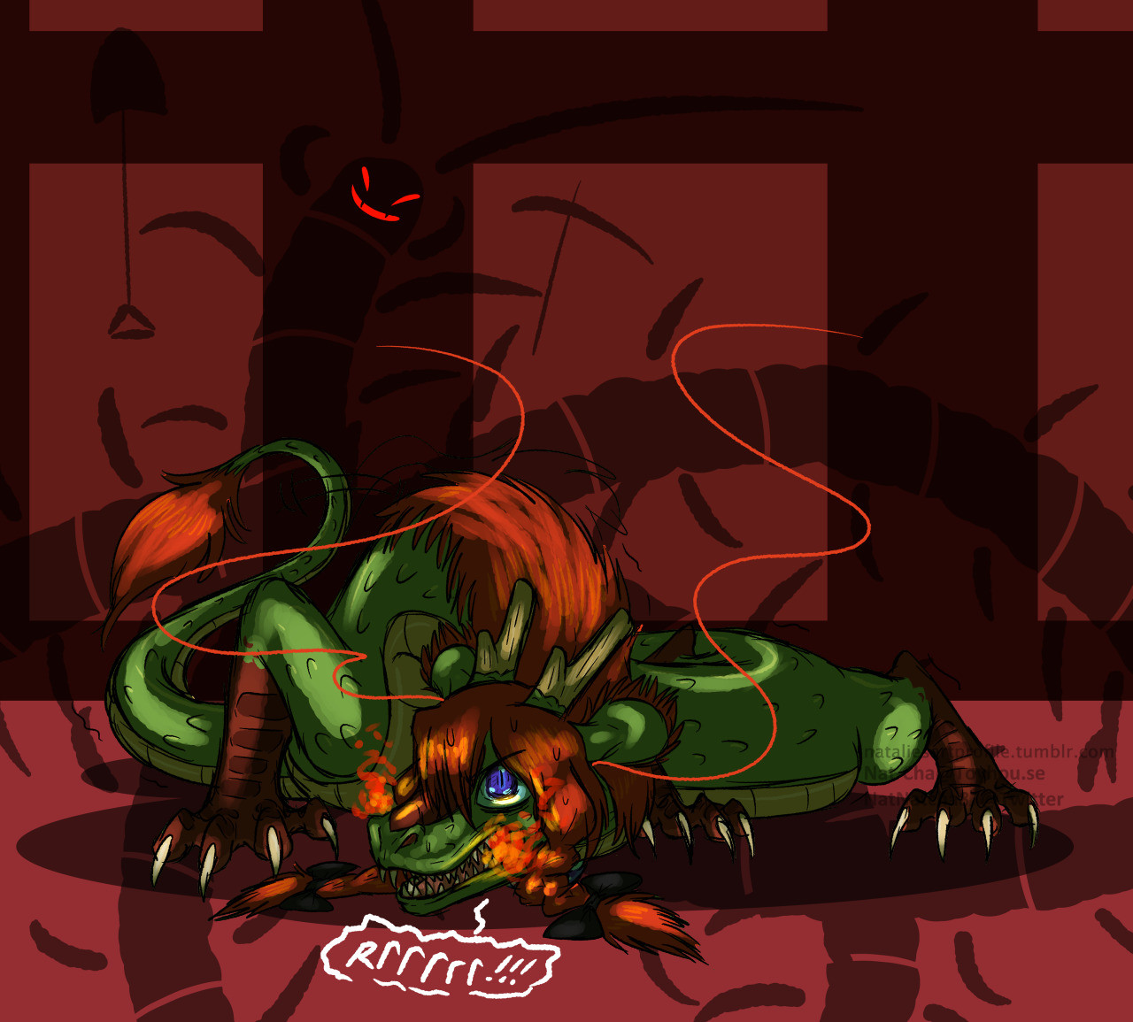 An illustration of the character, Hong Meiling from the Touhou Project game series, in the form of a dragon, crouched low in a defensive posture while looking onward toward an unseen adversary, looming over Meiling is the shadowed silhouette of a centipede grinning menacingly with a pickaxe and shovel in either of its forelimbs, this figure is implied to be momoyo himemushi