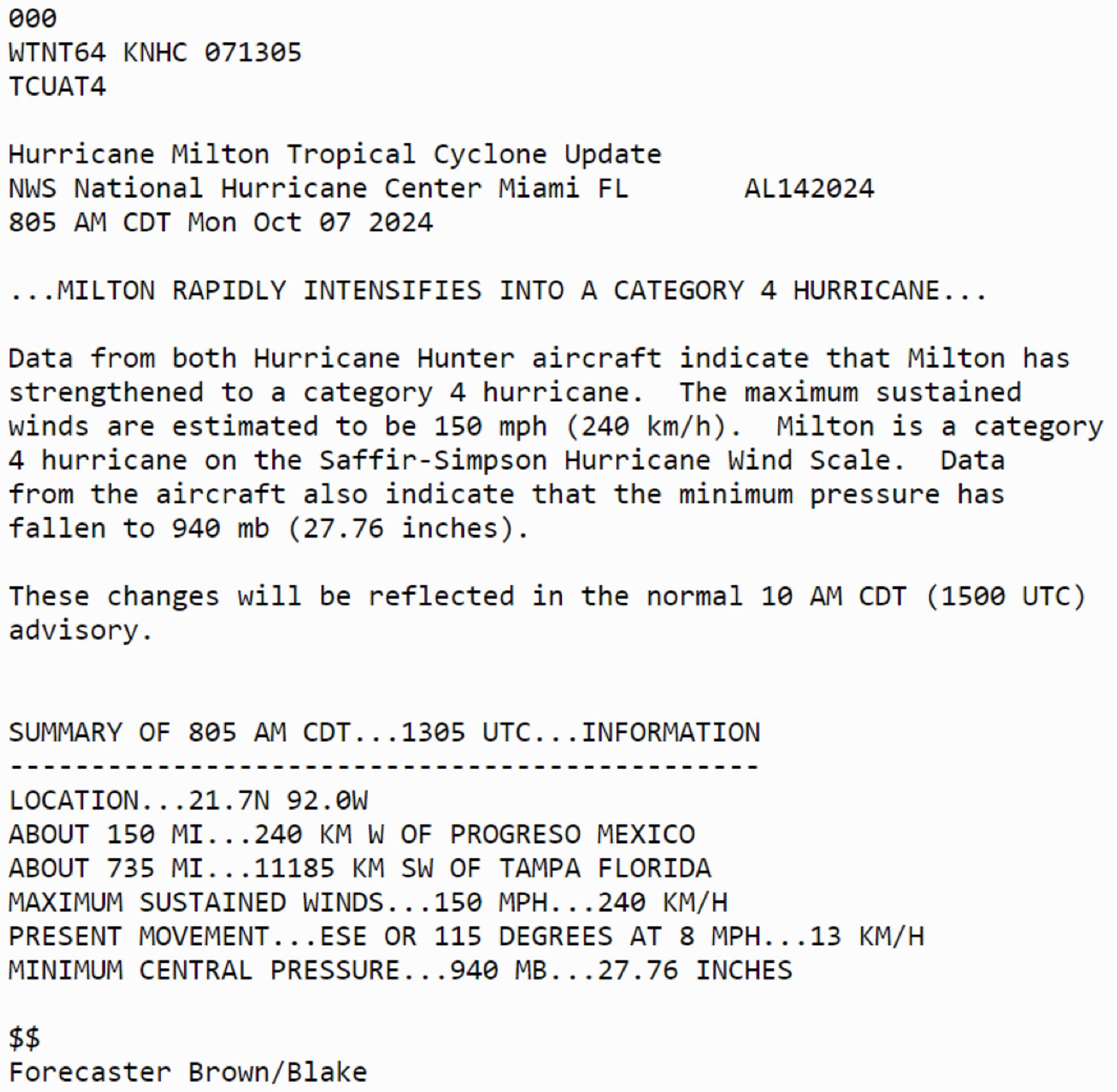 000
WTNT64 KNHC 071305
TCUAT4
Hurricane Milton Tropical Cyclone Update
NWS National Hurricane Center Miami FL
805 AM CDT Mon Oct 07 2024
AL142024
...MILTON RAPIDLY INTENSIFIES INTO A CATEGORY 4 HURRICANE...
Data from both Hurricane Hunter aircraft indicate that Milton has strengthened to a category 4 hurricane. The maximum sustained winds are estimated to be 150 mph (240 km/h). Milton is a category 4 hurricane on the Saffir-Simpson Hurricane Wind Scale. Data from the aircraft also indicate that the minimum pressure has fallen to 940 mb (27.76 inches).
These changes will be reflected in the normal 10 AM CDT (1500 UTC)
advisory.
SUMMARY OF 805 AM CDT... 1305 UTC... INFORMATION
--------------------------===
LOCATION...21.7N 92.0W
ABOUT 150 MI...240 KM W OF PROGRESO MEXICO ABOUT 735 MI...11185 KM SW OF TAMPA FLORIDA MAXIMUM SUSTAINED WINDS... 150 MPH...240 KM/H
PRESENT MOVEMENT...ESE OR 115 DEGREES AT 8 MPH...13 KM/H
MINIMUM CENTRAL PRESSURE...940 MB...27.76 INCHES
$$
Forecaster Brown/Blak