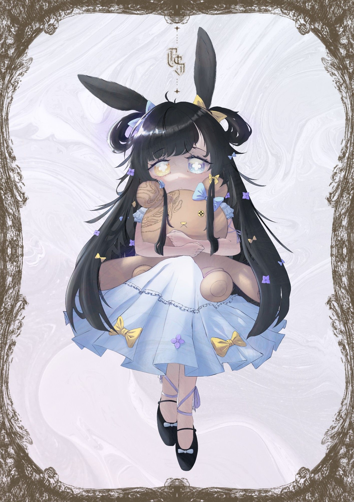 To celebrate my little sister's birthday, I've decided to create a unique and personal piece of art, featuring her beloved character Kowapop. In the artwork, Kowapop is portrayed capturing the essence of innocence and charm with her long, silky black hair that cascades gracefully down her back. Her most endearing feature, the adorable lengthy rabbit ears. She's dressed in an intricate pastel blue Lolita dress that seems to dance with life, as it is adorned with delicate bows and scattered hydrangea petals. These petals will not only embellish the lovely fabric but also be woven effortlessly into her flowing hair, creating an enchanting sight to behold. This heartwarming and meticulously crafted illustration will surely bring a smile to my sister's face on her special day.