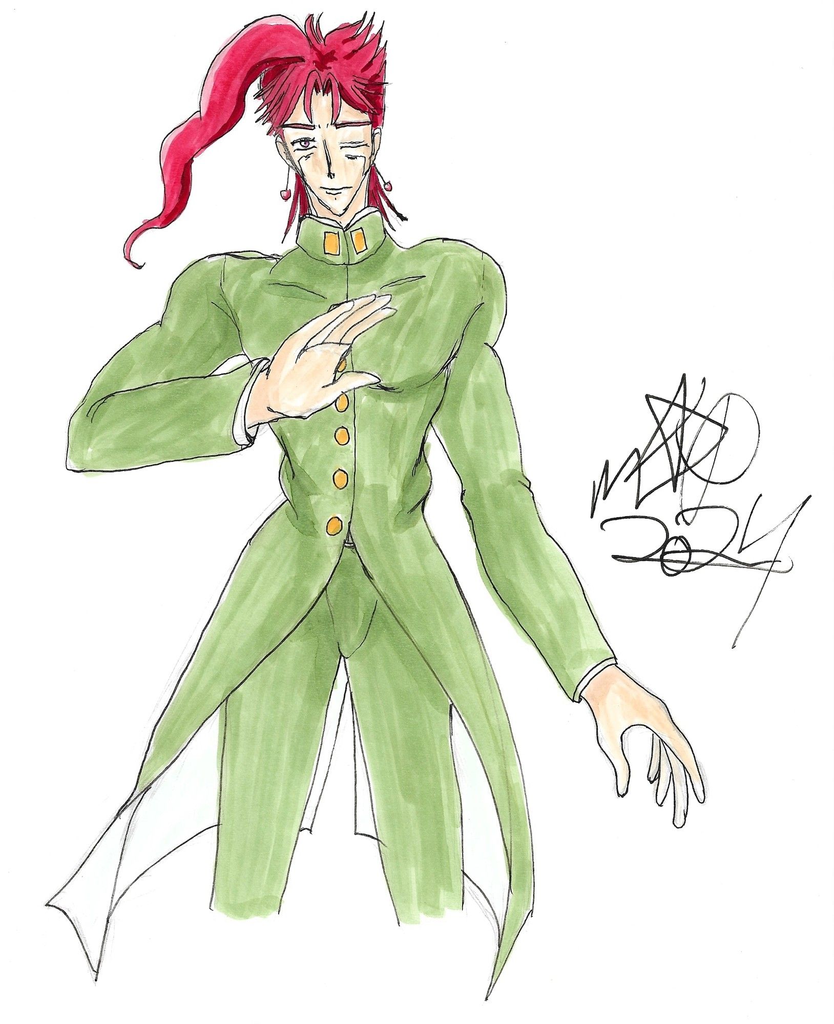 Kakyoin drawn in a mixture of a style between the official anime and shoujo.