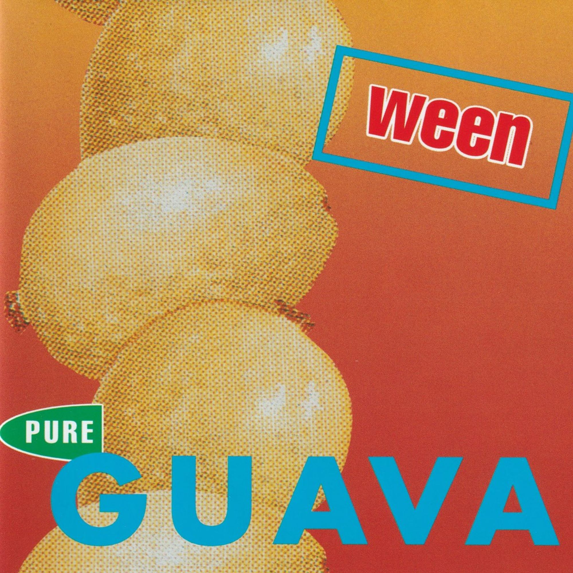 my sona, parodying the cover art of pure guava by ween, which features five guavas over a gradient background. the sona herself is yellow and textured like a guava and the text has been recreated and edited to be related to her