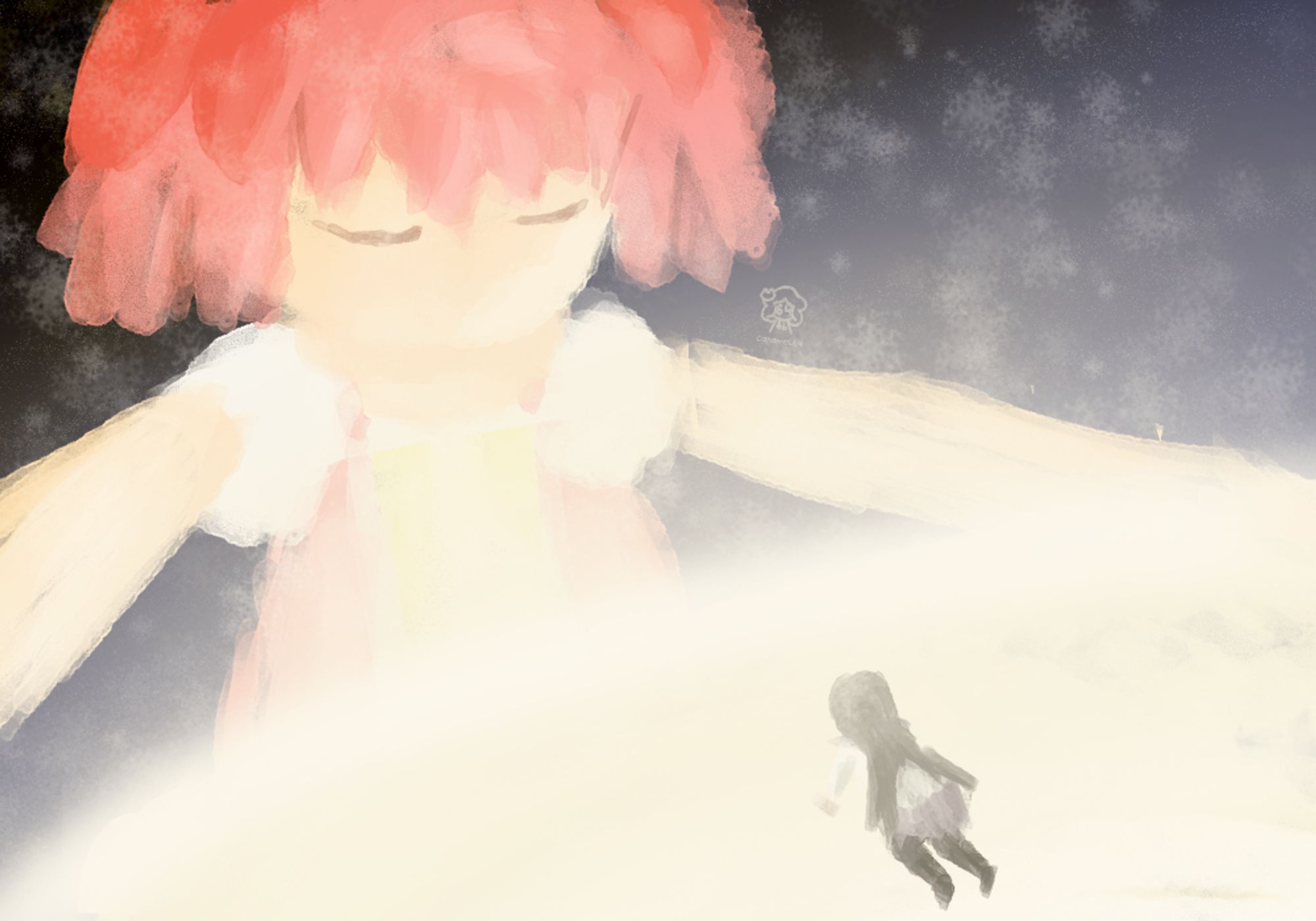 madoka from madoka magica, standing in front of a glowing yellow planet with a smaller homura from the same anime