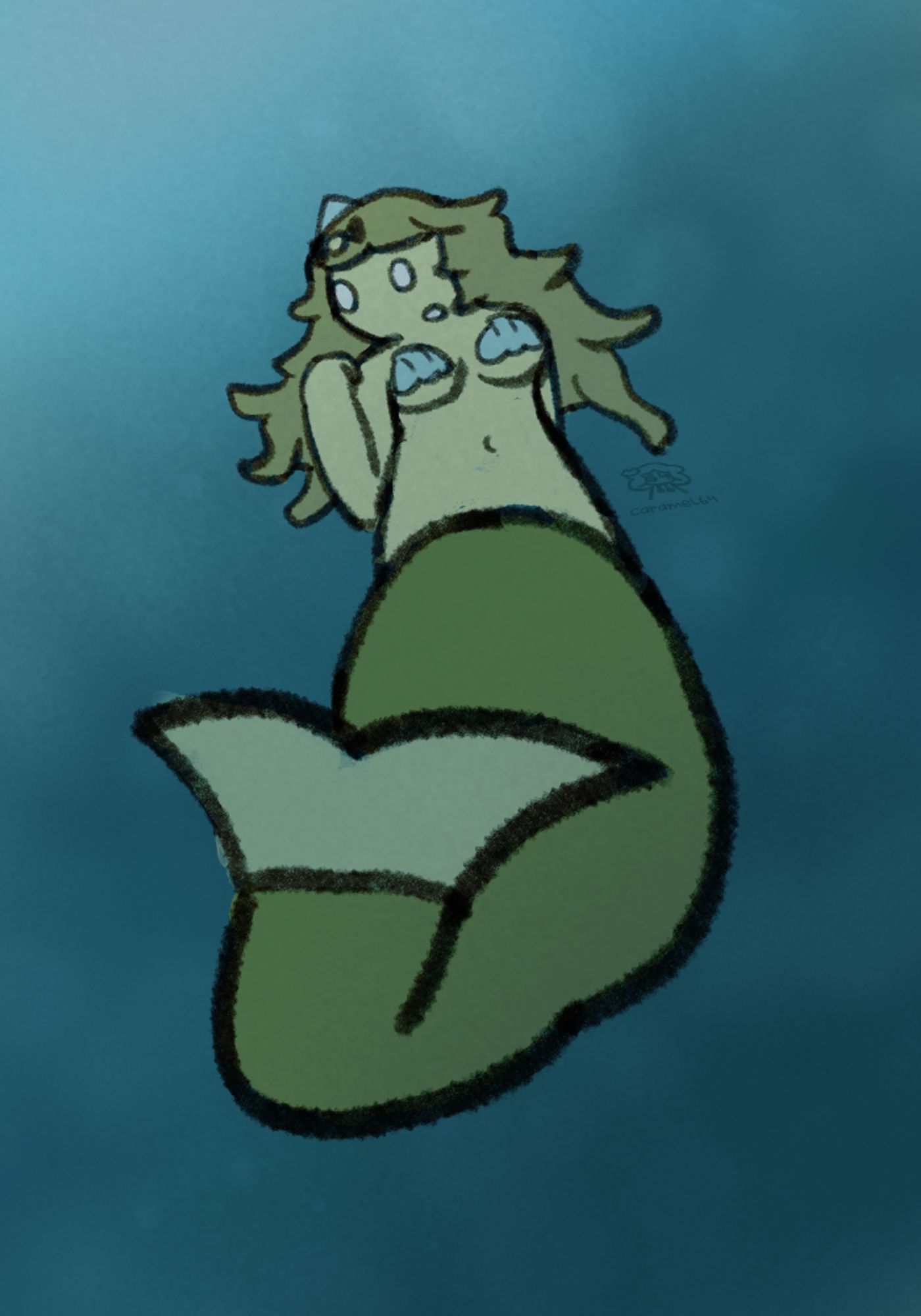 ivory, as a mermaid. she is floating in the ocean and has an olive colored tail