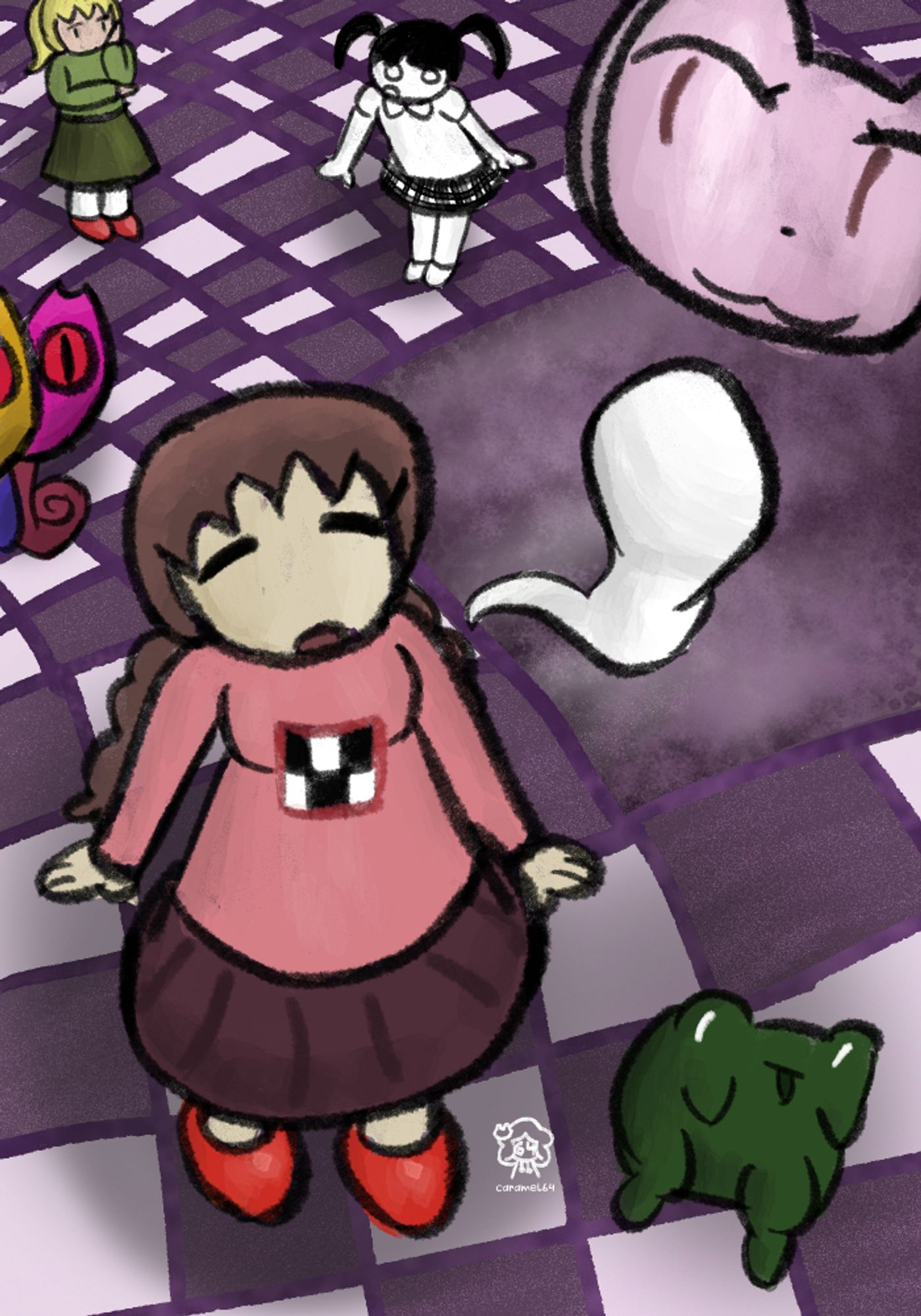 Madotsuki standing in the Checkered Tile Path alongside Poniko, Steve 'Leif' Kareha, a faceless ghost, a Nekoin and a frog