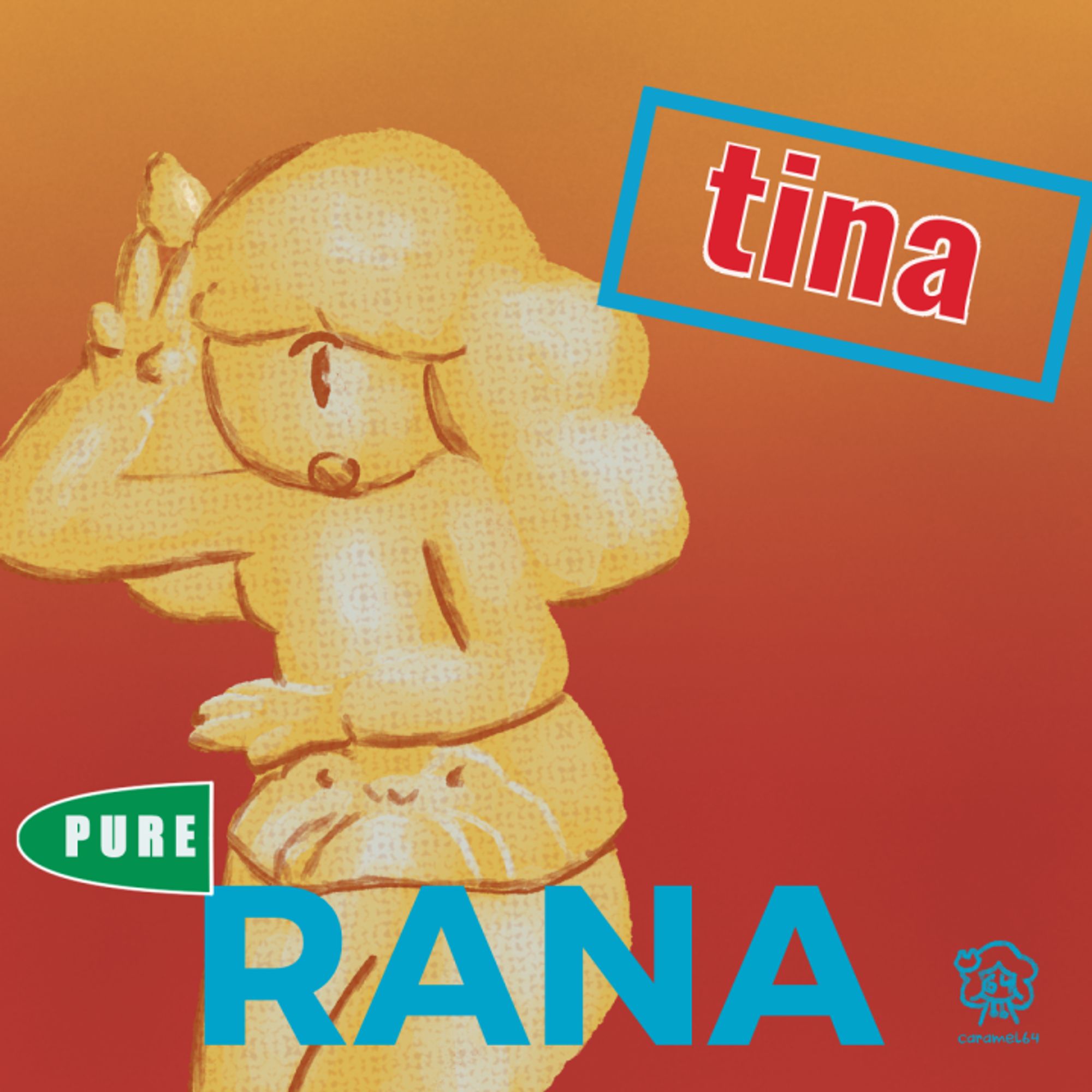 my sona, parodying the cover art of pure guava by ween, which features five guavas over a gradient background. the sona herself is yellow and textured like a guava and the text has been recreated and edited to be related to her