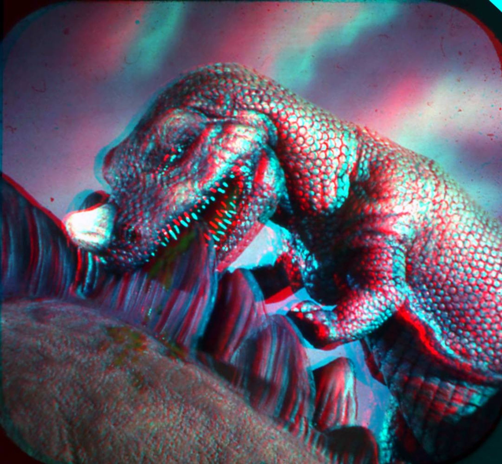 3d view from an old viewmaster reel, showing a theropod munching on the armoured plates of a stegosaur.