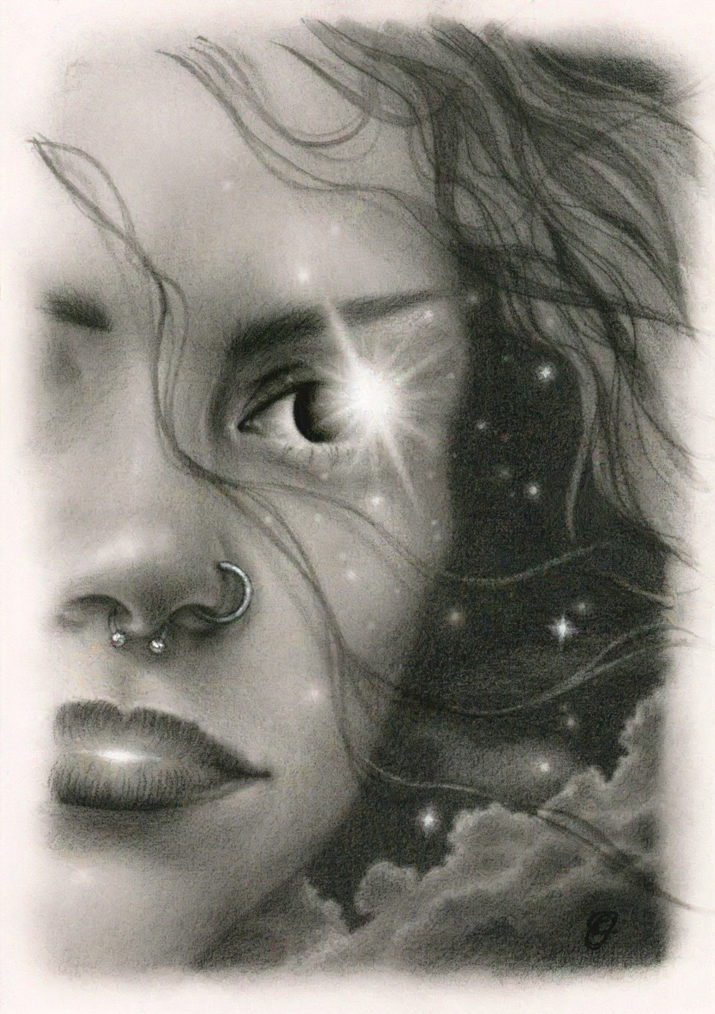 Graphite drawing of a lovely young woman with an eclipse in her eye, spilling stars. She has nose piercings and light leaking from her lips.