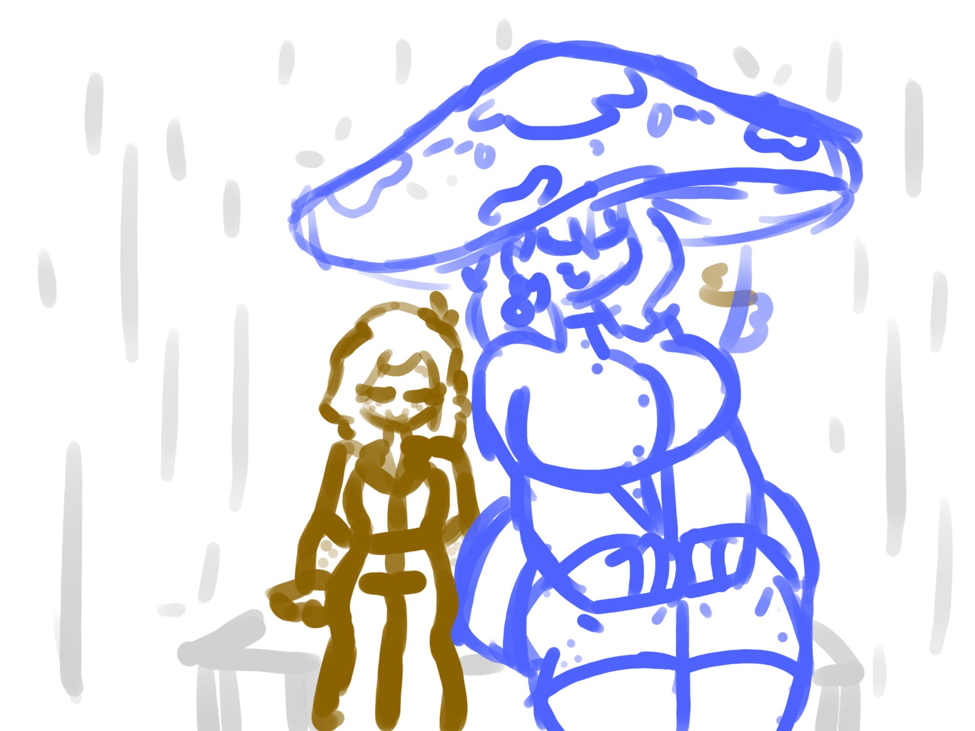 Bridgette (Right, belongs to @trevaliant.bsky.social) providing cover to Sofia (Left) in the rain