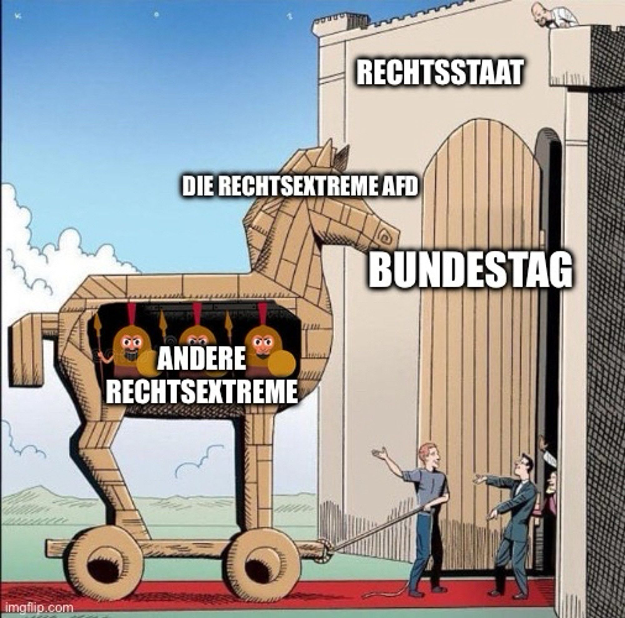 Trojanisches Pferd (Kopf: „Die rechtsextreme AfD“); im Bauch: „Andere Rechtsextreme“) wird am Tor („Bundestag“) zu Troja („Rechtsstaat“) freudig eingelassen