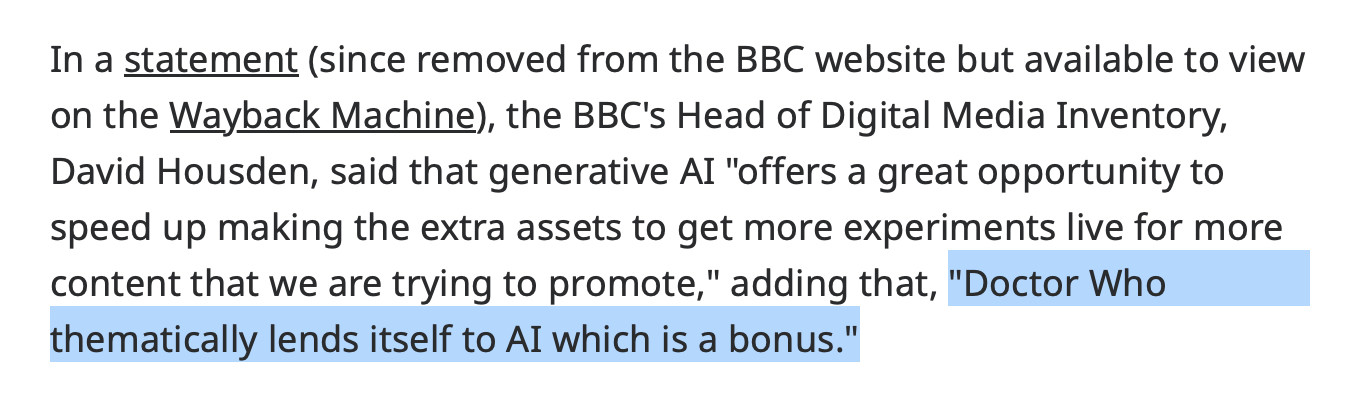 Quote from some BBC dingus saying "Doctor Who thematically lends itself to AI which is a bonus"