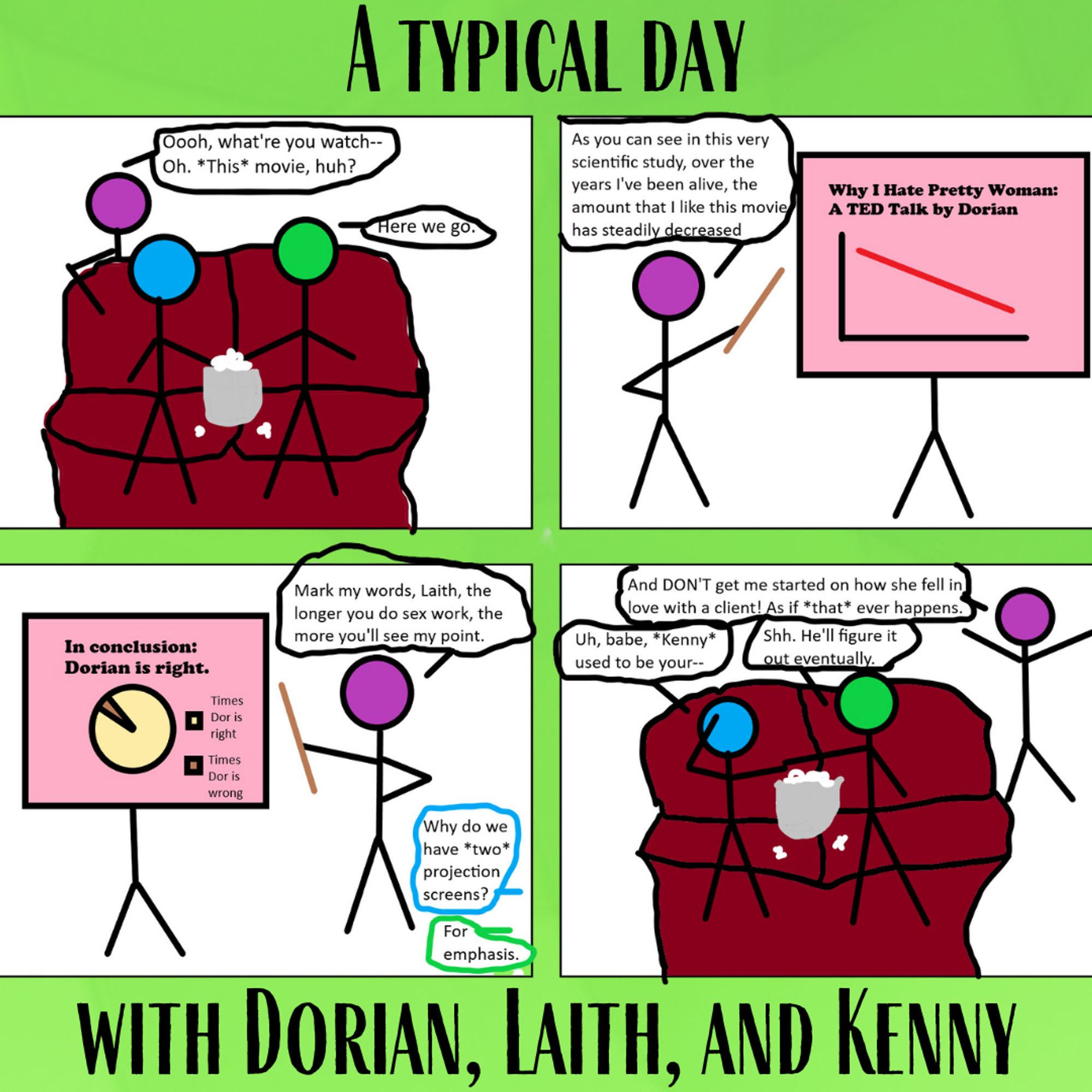 A typical day with Dorian, Laith, and Kenny

[4-panel comic of three stick figures: Dorian (purple), Laith (blue), and Kenny (green)]

Omg, I tried to do alt text for the whole thing, but this site has a character limit, and I hit the end of it *way* too early.