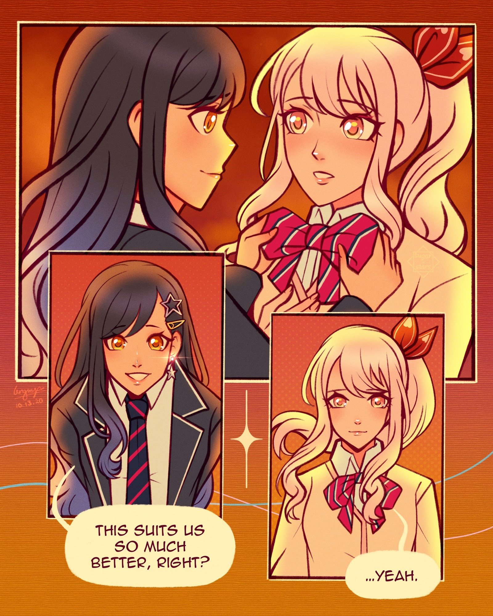 A three-panel comic of Mizuki Akiyama and An Shiraishi from Project Sekai dressed in their first year uniforms. The entire background is bathed in sunset. The first panel shows An tying the girls' uniform ribbon around Mizuki, who has a light blush on their face. In the second panel, An looks up at them with a bright smile, saying "This suits us so much better, right?" The third panel shows Mizuki with a soft, relieved smile as they reply, "...Yeah." Behind the last two panels, two strings in pink and blue for each of them intertwine with a star.