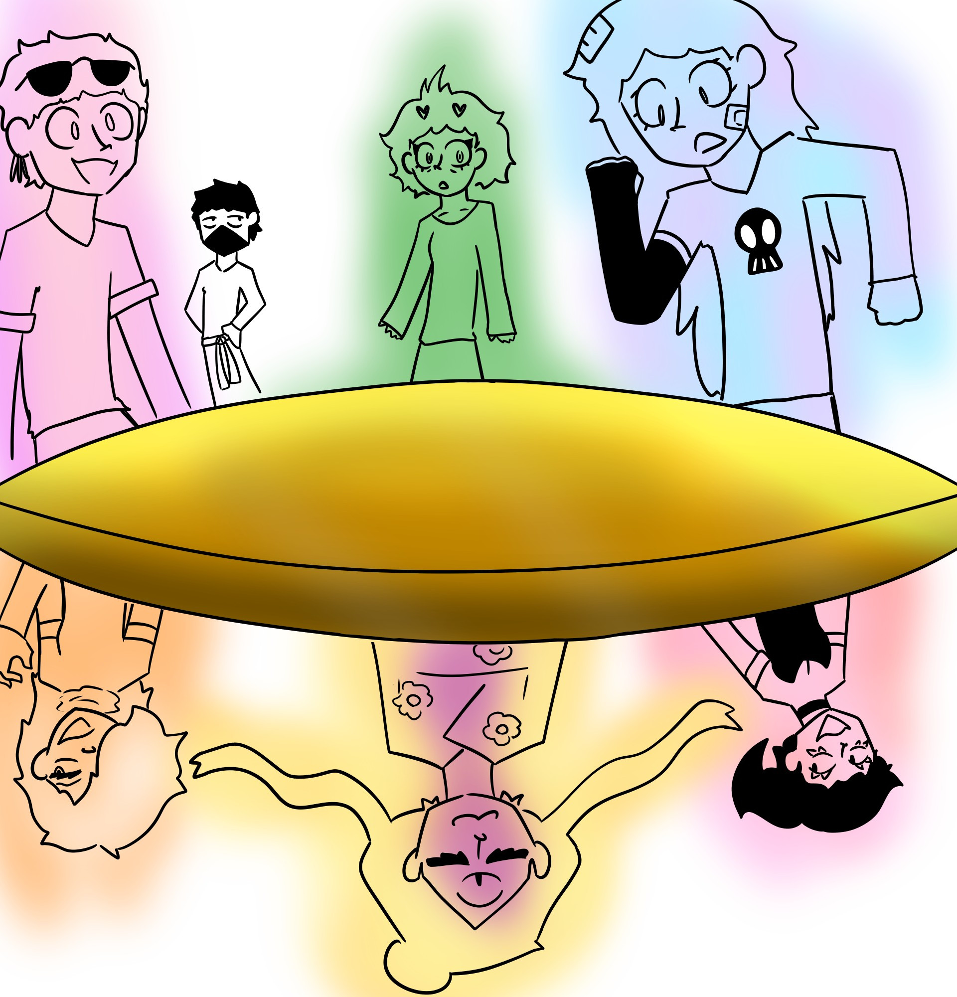 A drawing with 7 Different Figures who are characters from the webmanga "Forever Rose"
From left to right, top to bottom the characters are:
Gemini, Berrete, Rose (The main character), Dusty, Violet, Lily, Momo