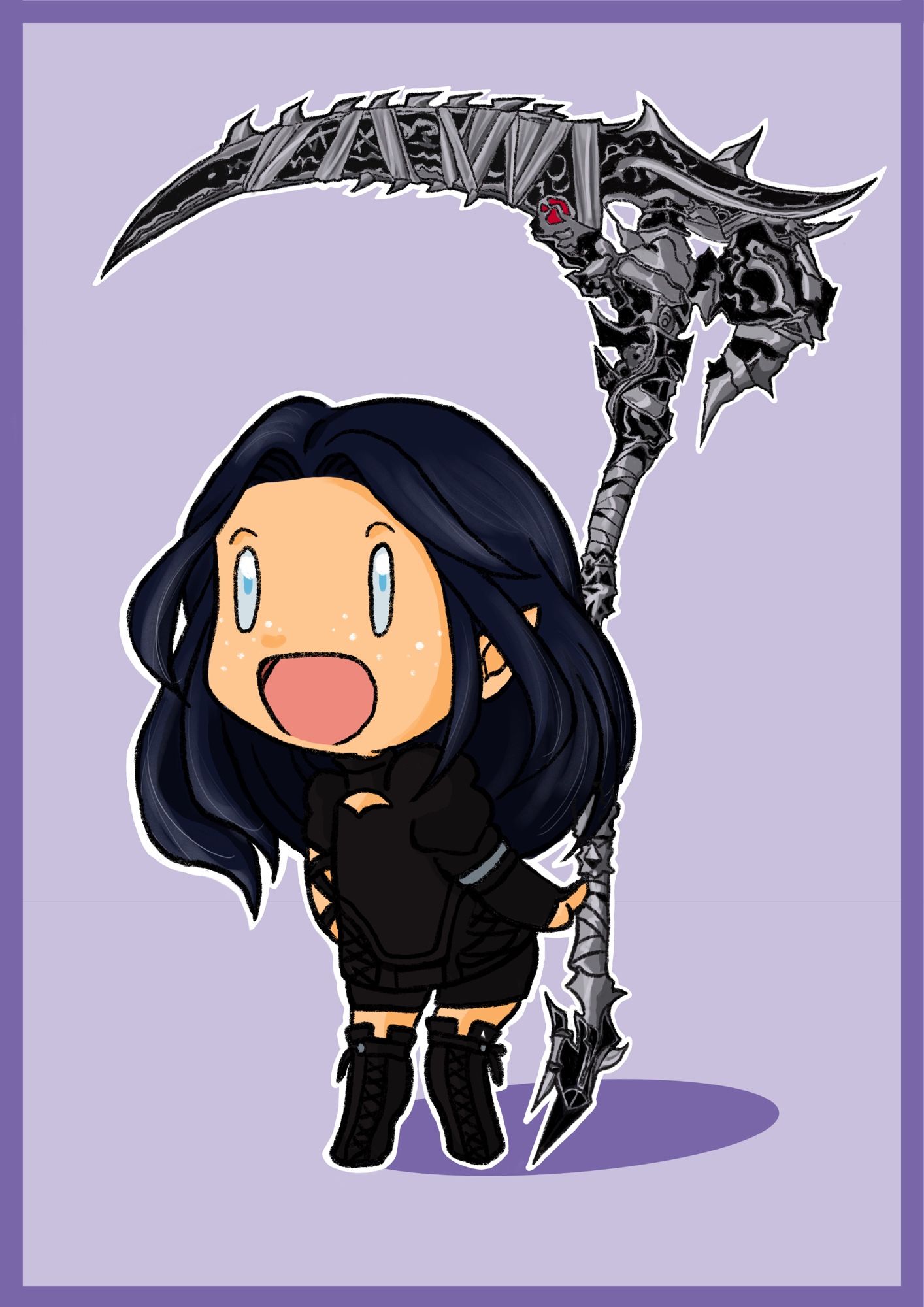 A digital artwork of a happy and cute mini Lhaya in her Reaper Glam. She‘s holding a Scythe that’s towering over her.