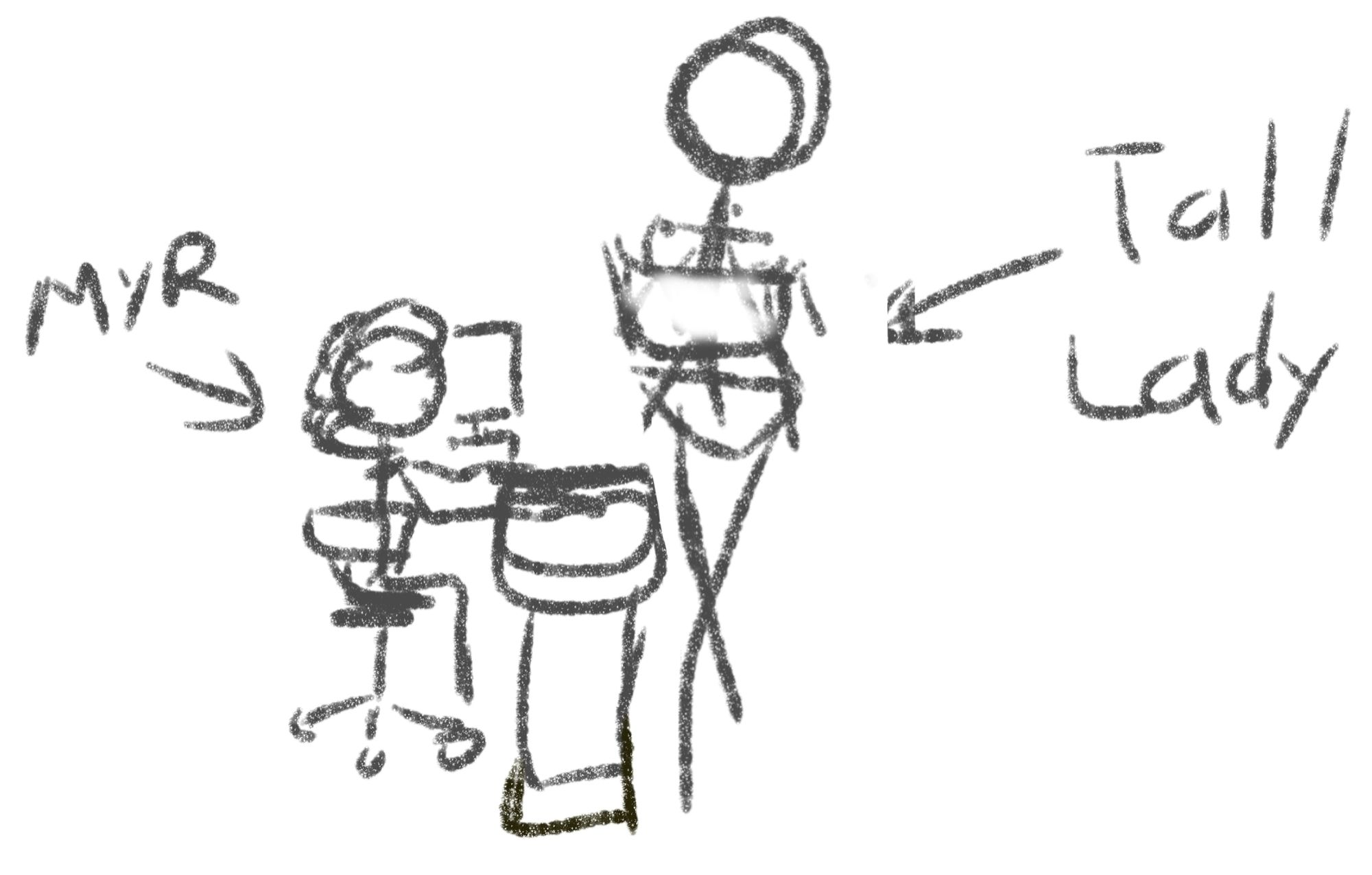 A rough doddle with stick figures and a desk.

A smaller figure sitting on a chair and a desk on the left with a big arrow pointing at it that says "Myr"

A figure about 2 heads taller standing on the right, with a big arrow pointing that says "Tall Lady"