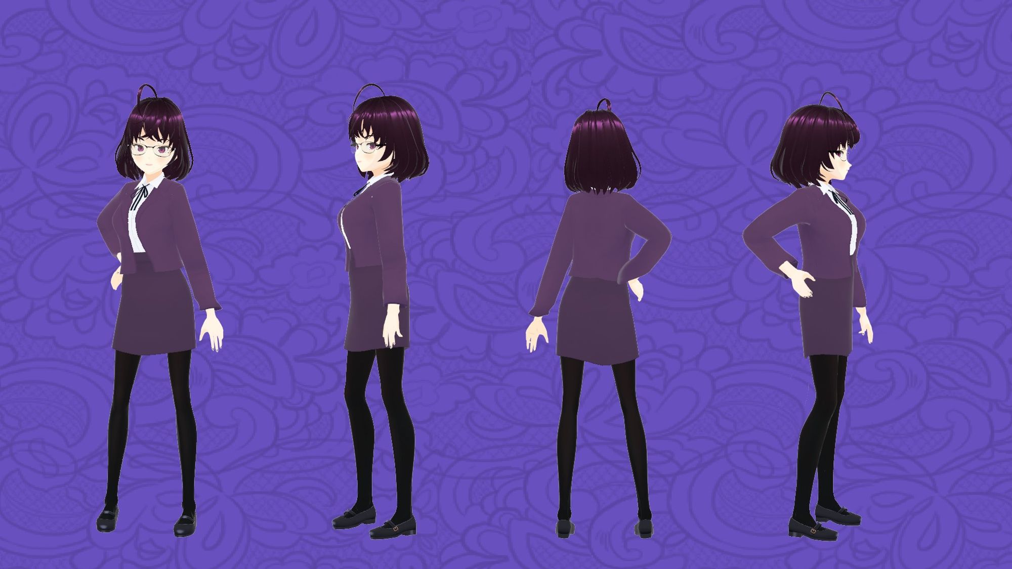 A turn around sheet of Myrhail's model. 

An office lady vtuber with short dark purple hair, glasses, and a dark purple business suit shown in four different views against a patterned purple background. 

The angles from right to left are foward facing, facing left, facing away and facing right.