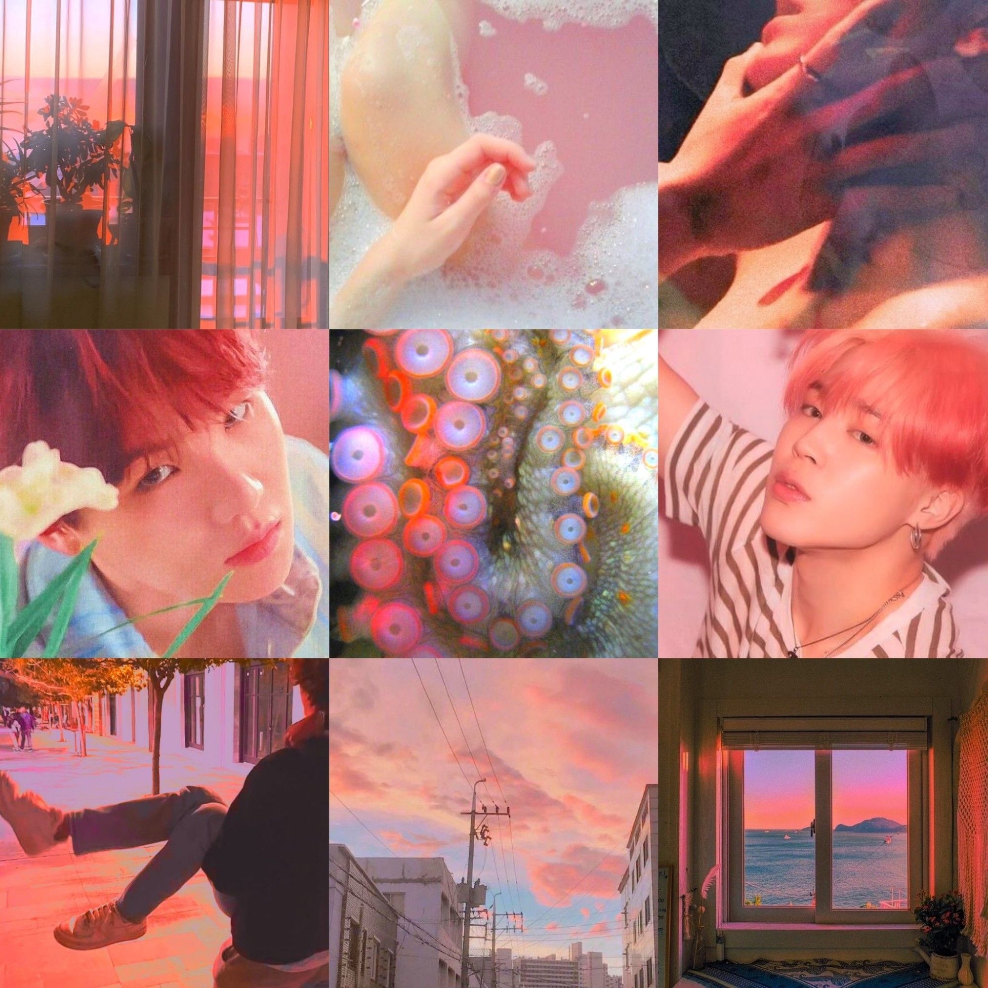 Yoonmin moodboard in shades of pink and orange, with tentacles in the middle