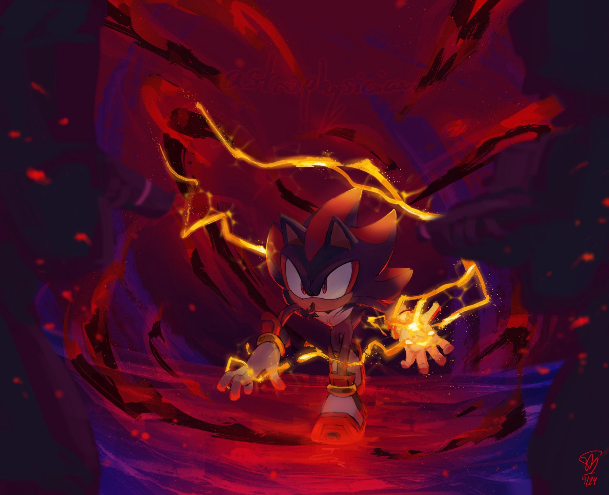 A digital drawing of Shadow the Hedgehog approaching two GUN soldiers. He is threatening, wielding a brand of chaos lightning and wreathed in black and red energy.