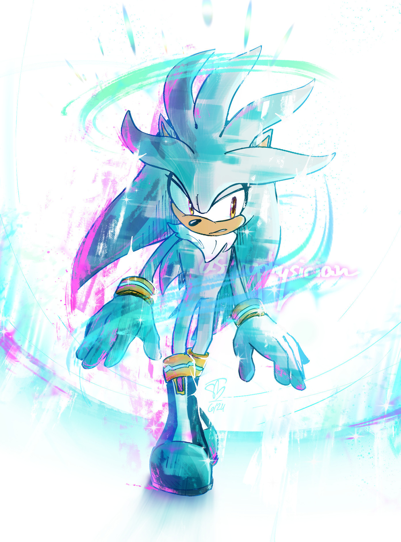 A digital drawing of Silver the Hedgehog walking on a white background. Bright textures of pink and green wisp off him. It's very shiny.