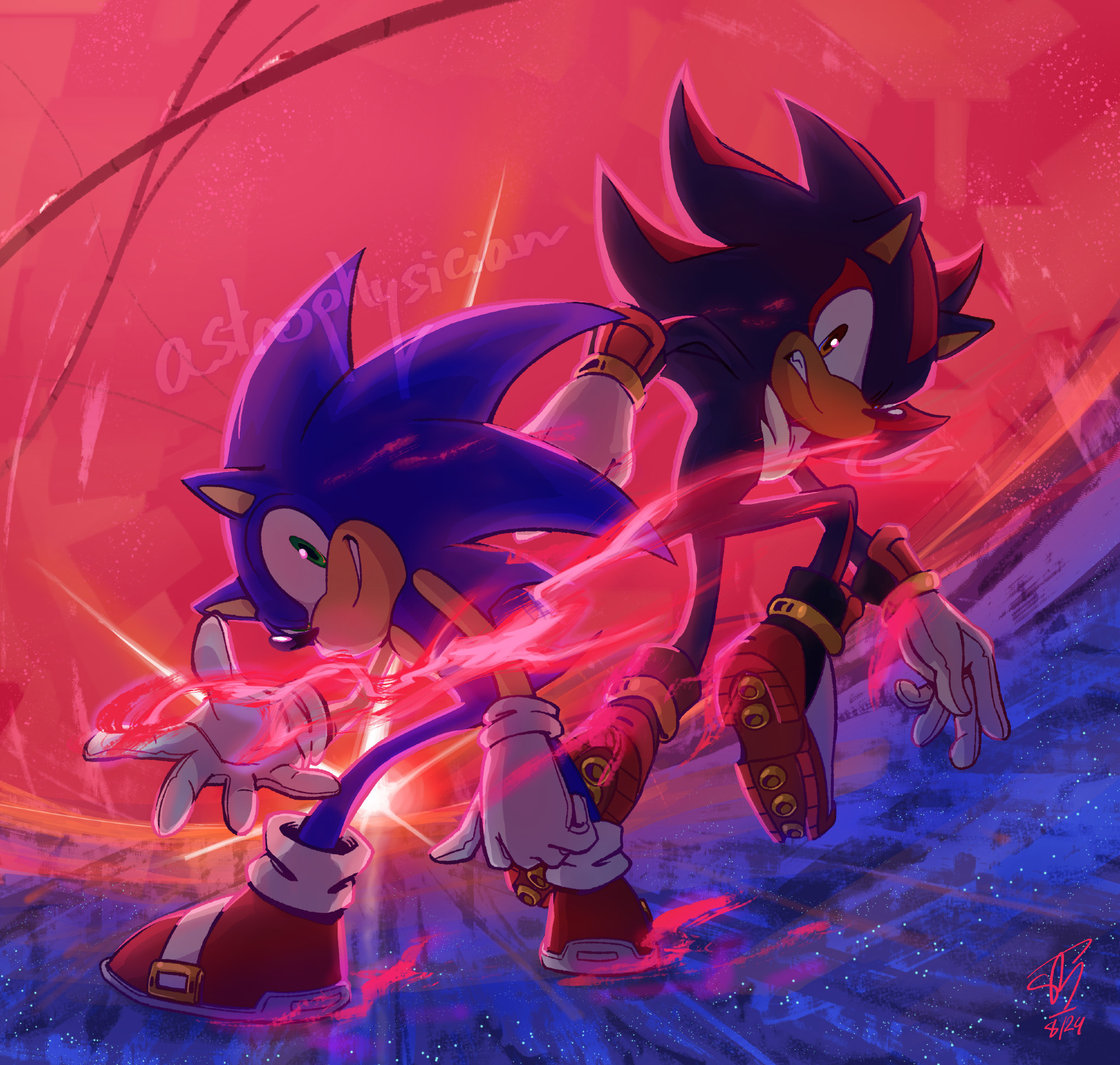 A digital illustration of Sonic and Shadow. The sky is bright pink and the ground is dark blue, reflective, and full of stars. Pink fire wisps off Sonic and Shadow's hands and feet. The sun is dipping below the horizon in the distance.