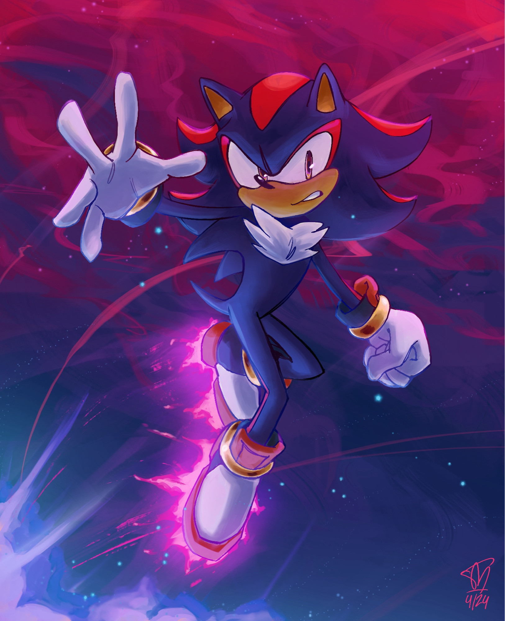 A digital painting of Shadow the Hedgehog, reaching towards the camera and flying through a field of blue and magenta. His air shoes blast pink fire as he leaps from an explosion.