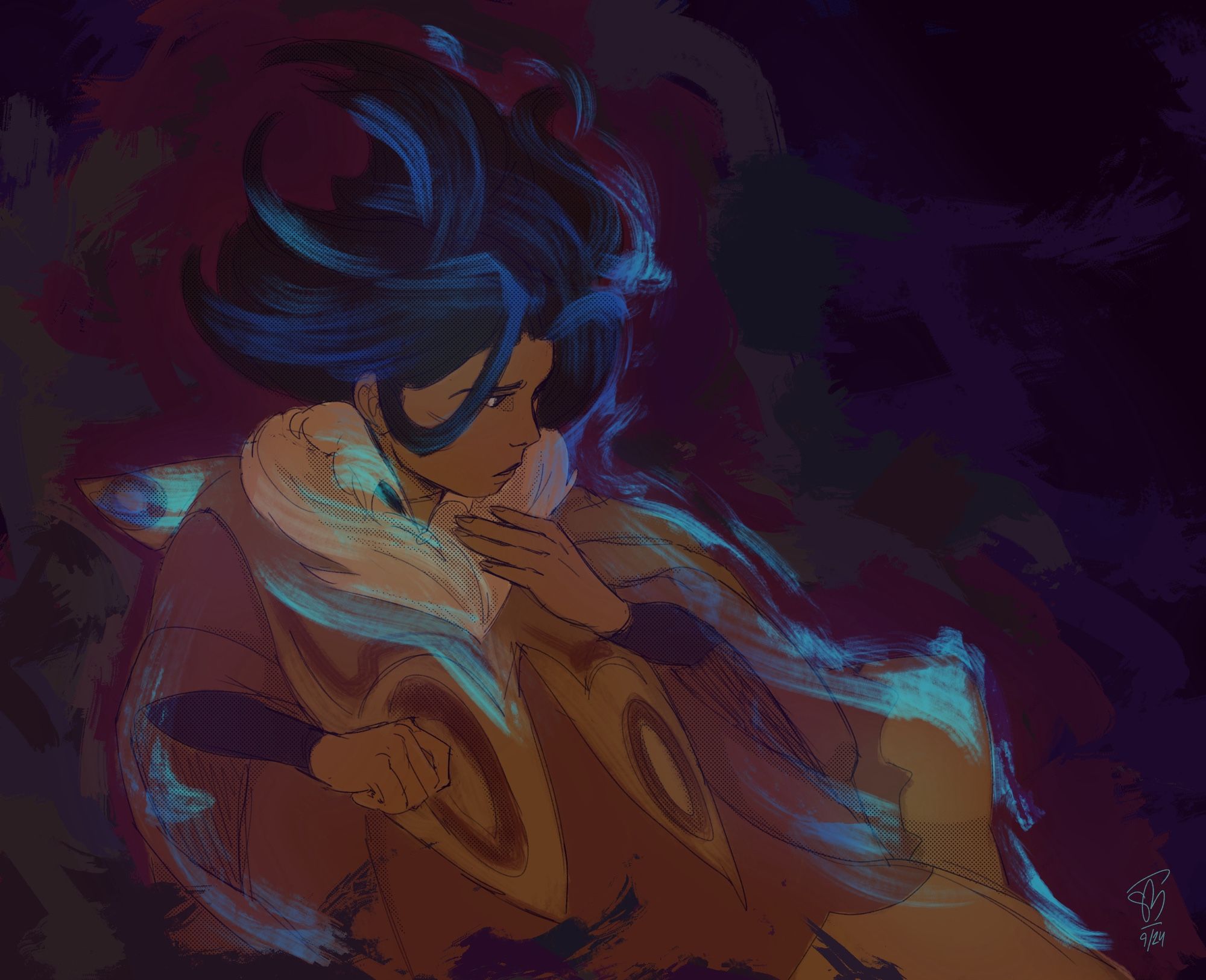 A painterly digital sketch of a girl with brown skin wearing a brown cloak resembling moth sings. Blue-green light wisps off her. Thick strokes of cool reds and blues block in the abstract background.