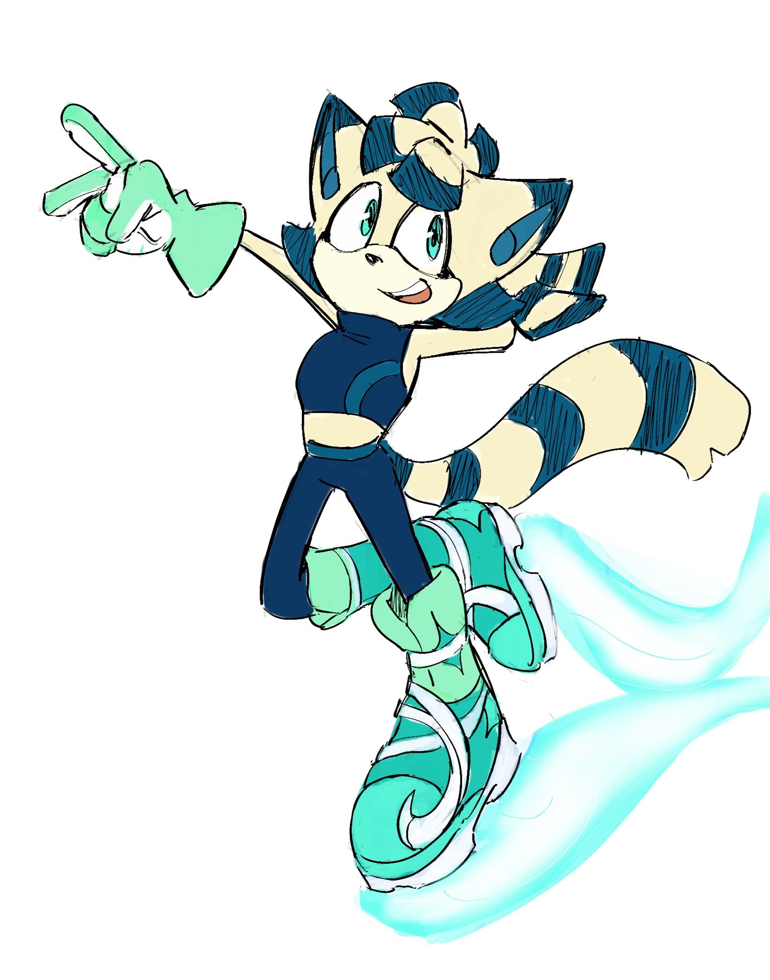 Loop the Ringtail, a Sonic OC with white and dark blue fur wearing a real crop top,  leggings, minty green gloves, and a pair of rollerblade-like Light Skates that leave streaks of blue light wherever they go.