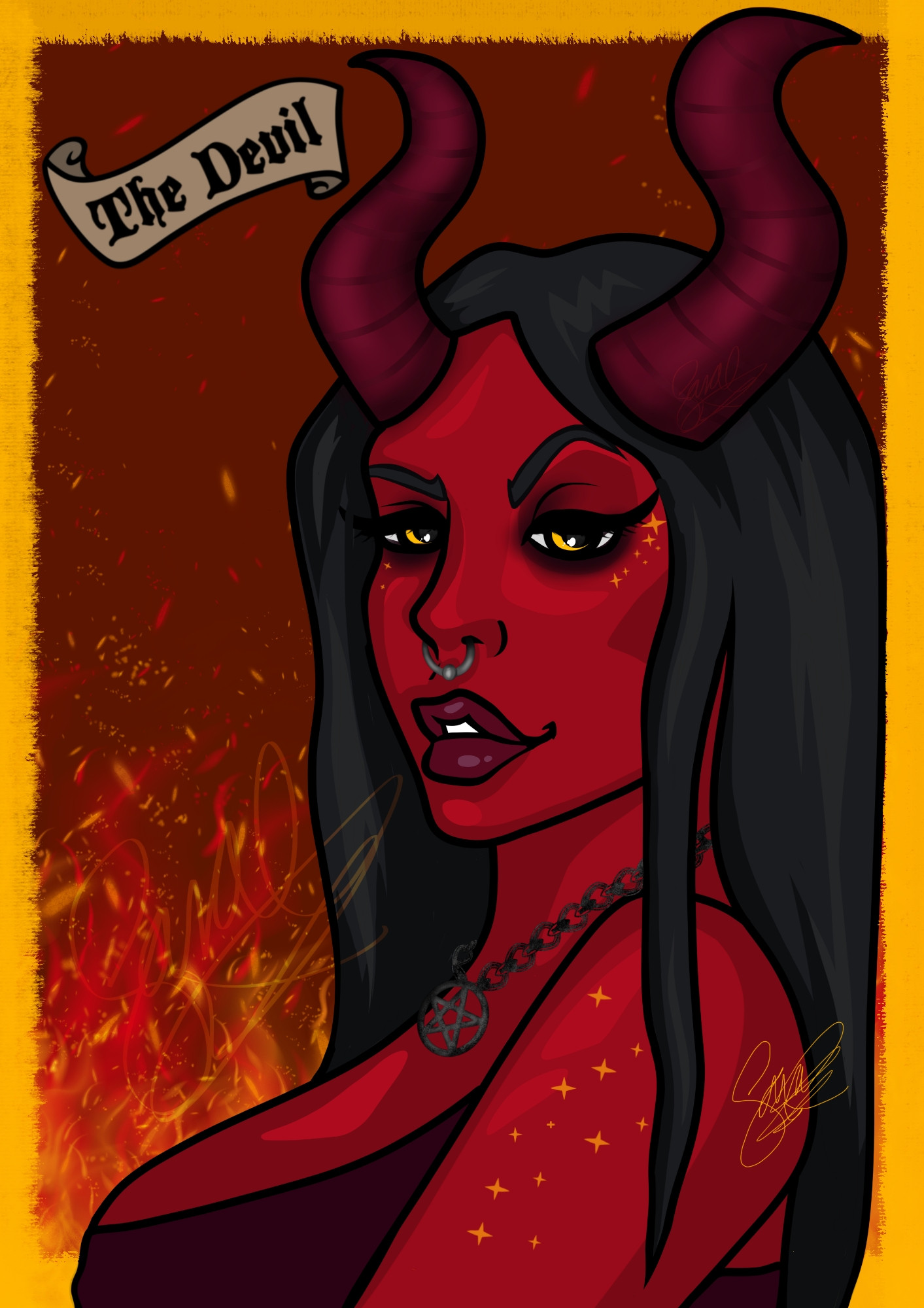 Digital illustration of a horned devil woman wirh a fiery background drawn by SazDz Art done on procreate.