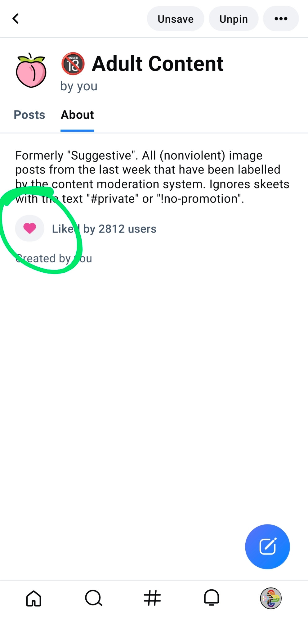 The About tab for the Adult Content feed. The "Like" button is circled.