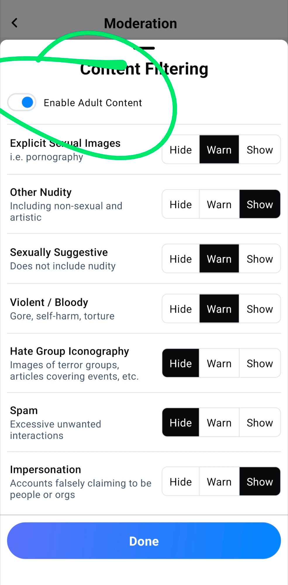 ...Then toggle the "Enable Adult Content" switch! You can then set granular filters for showing, hiding and hiding adult content behind a warning ("Warn").

(Screenshot of "Content Filtering", "Enabled Adult Content" is circled)